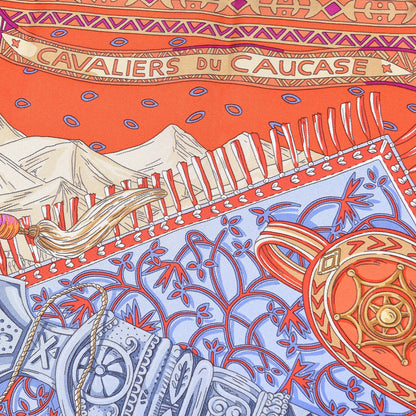 Hermes Silk Cavaliers du Caucase Scarf 90 Orange Fuchsia Parme 5 of 7