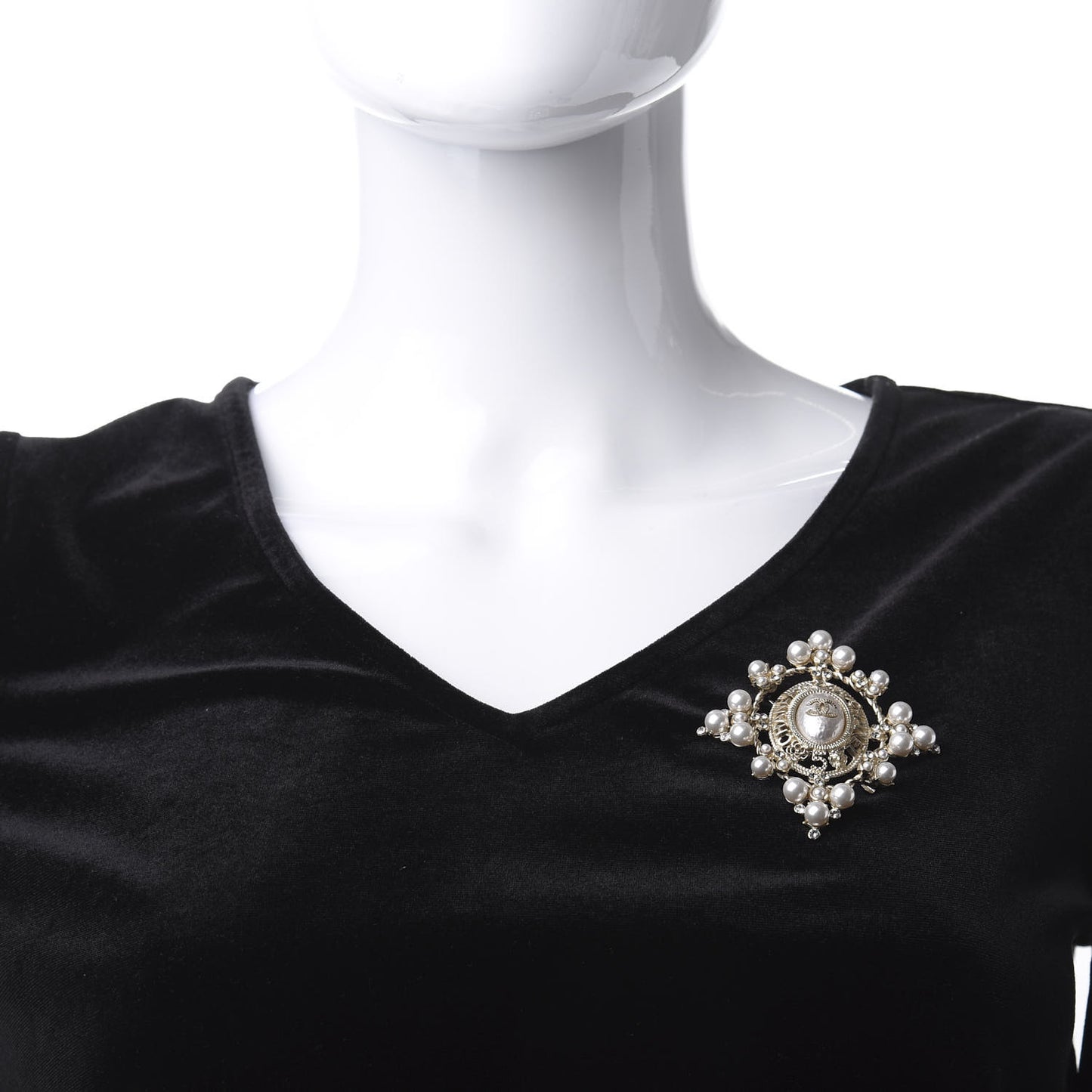 Pearl Crystal CC Brooch Gold