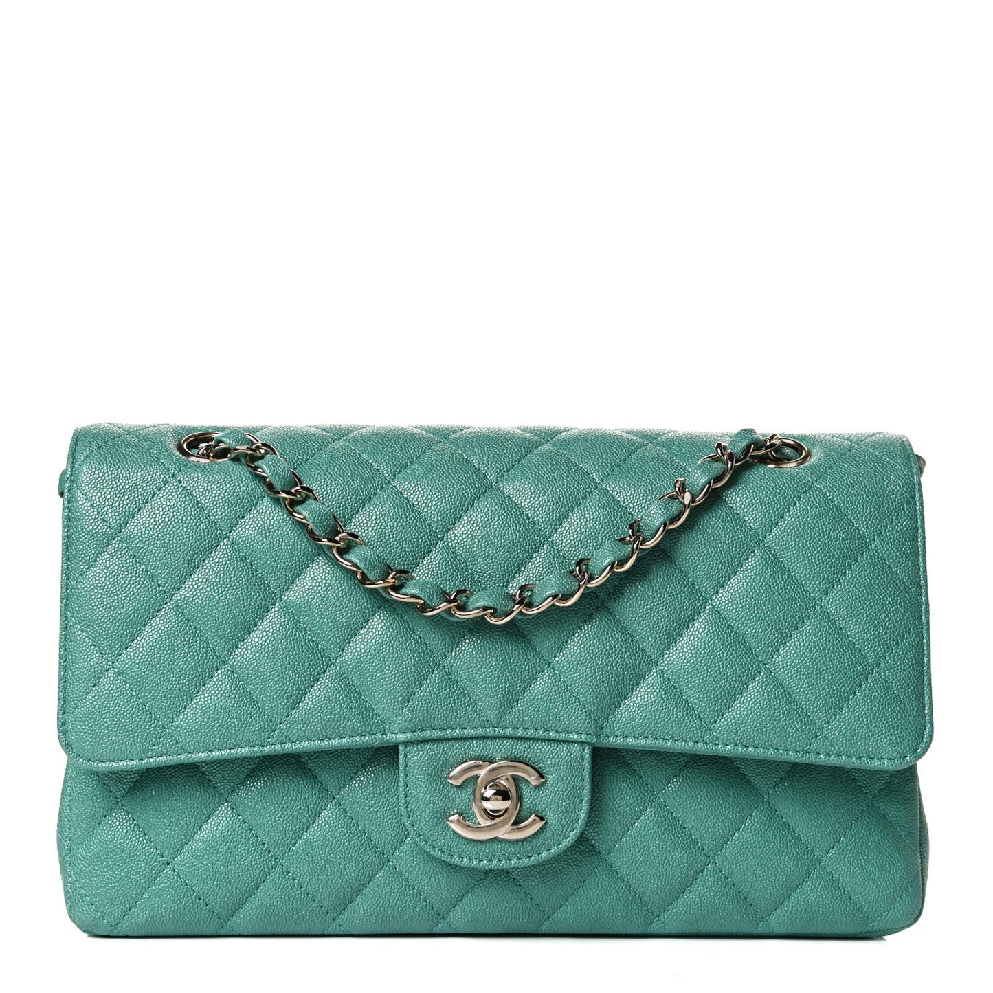 Iridescent Caviar Quilted Medium Double Flap Green