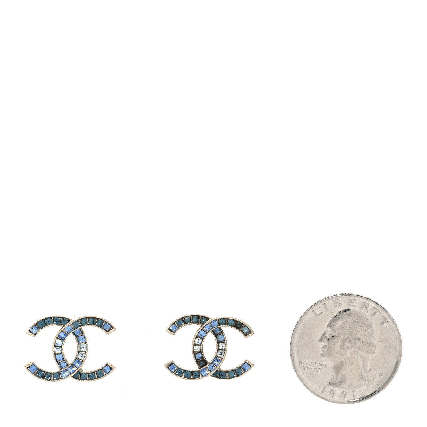 Chanel Crystal CC Earrings Silver Blue 2 of 5