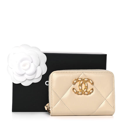 Chanel Goatskin Quilted Chanel 19 Zip Around Coin Purse Wallet Beige 11 of 11