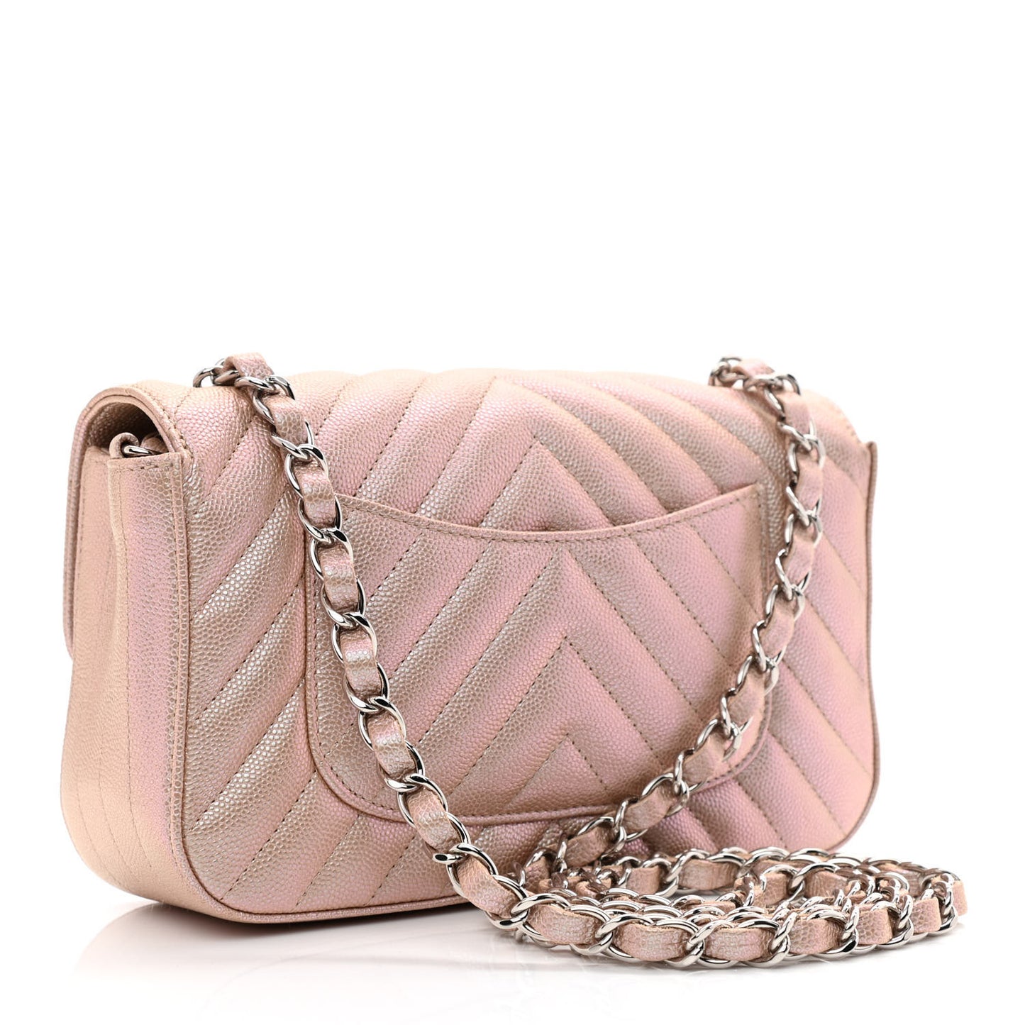 Iridescent Caviar Chevron Quilted Mini Rectangular Flap Light Gold