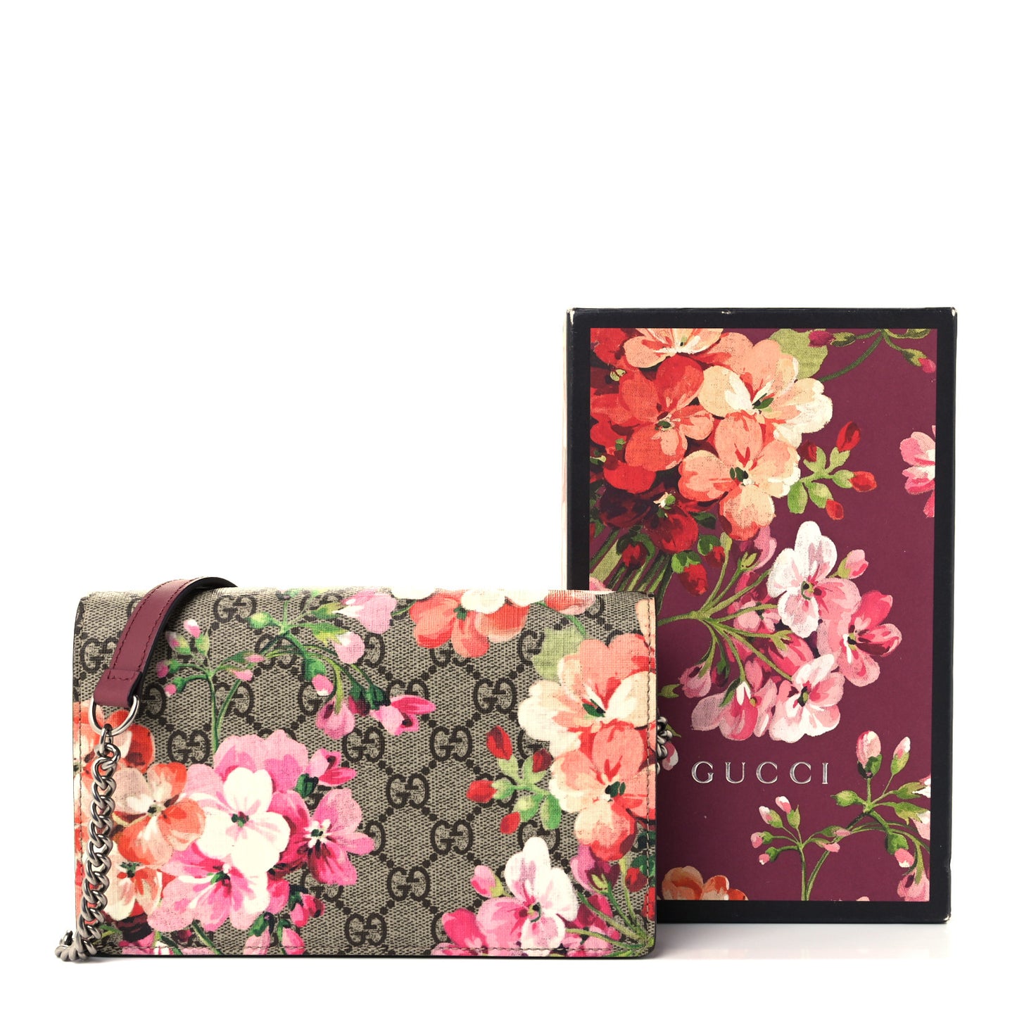 GG Supreme Monogram Blooms Chain Wallet Beige Multicolor Dry Rose