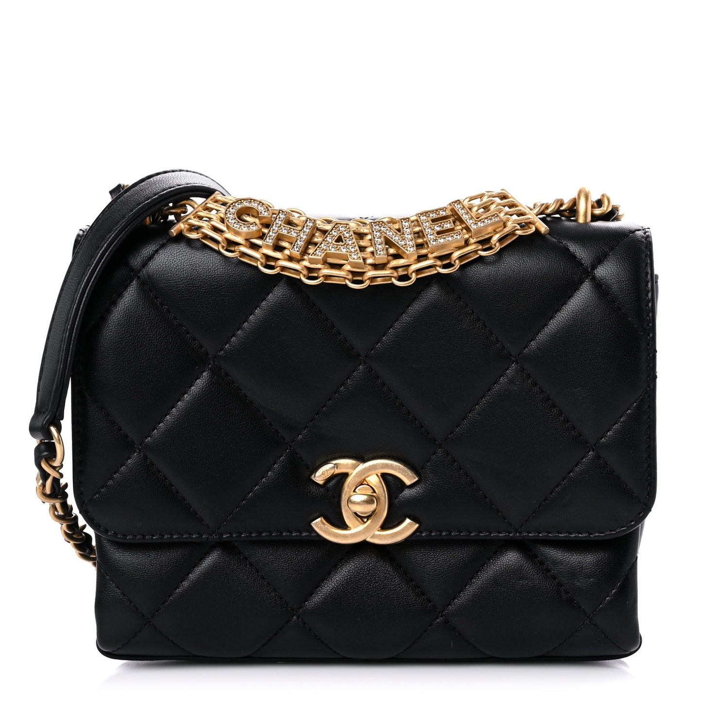 Lambskin Quilted Mini CC Crystal Logo Chain Flap Black