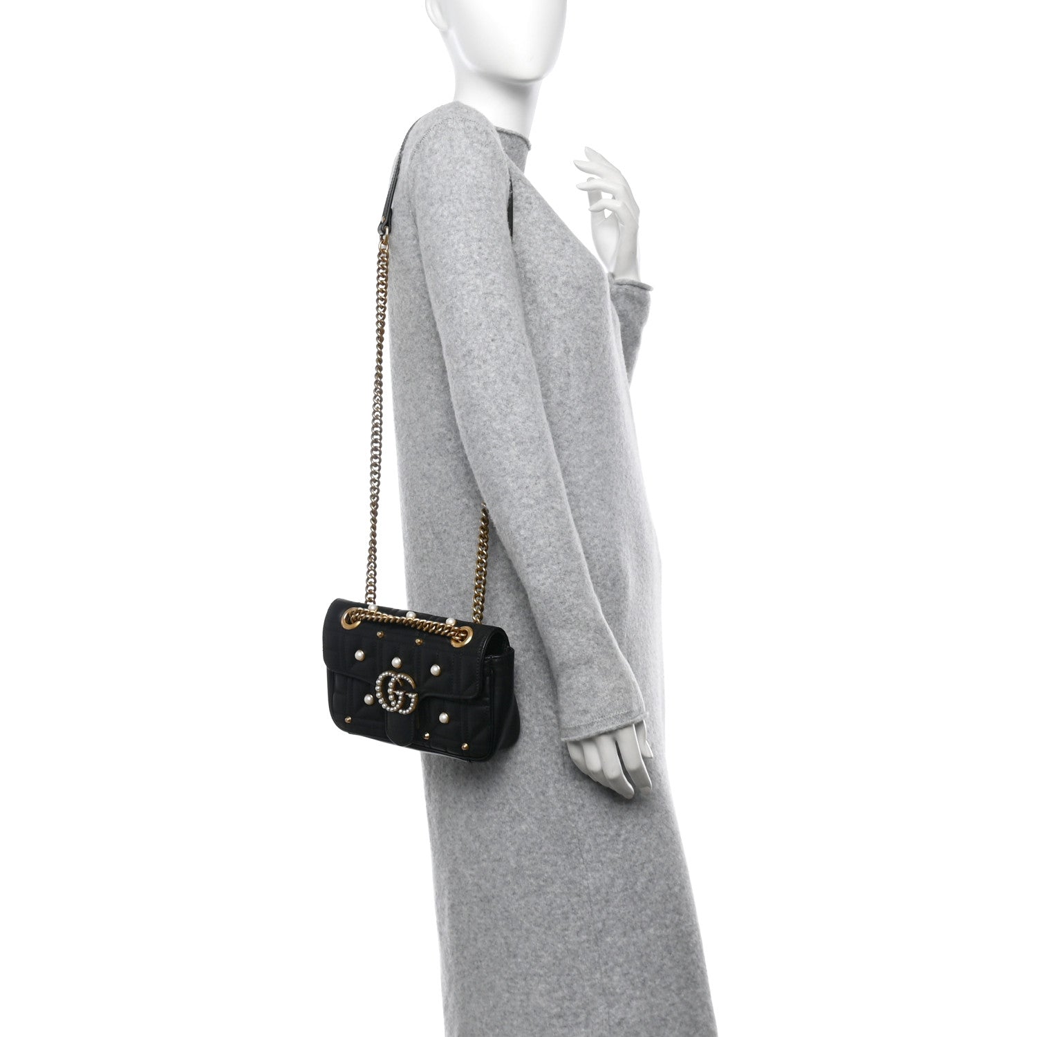 Gucci Calfskin Matelasse Studded Mini Pearly GG Marmont Shoulder Bag Black 2 of 12