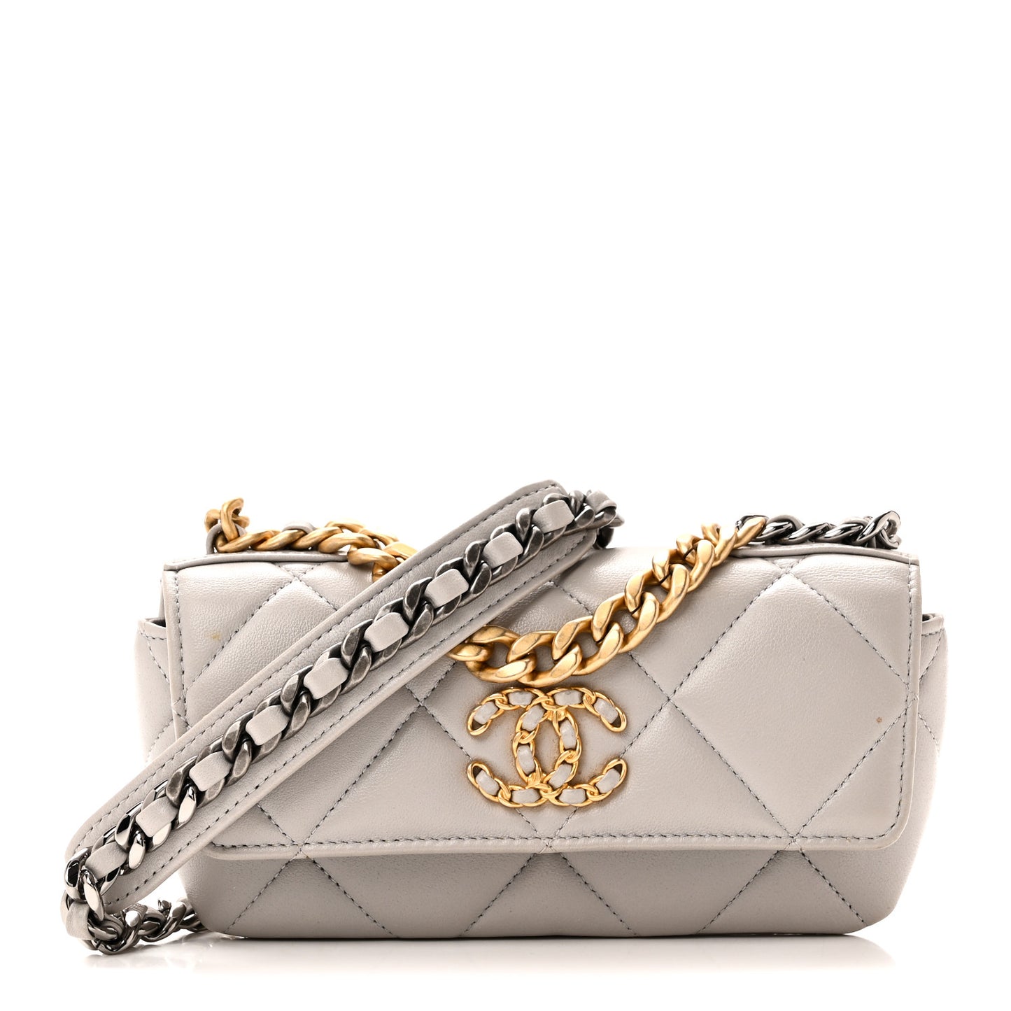 Goatskin Quilted Chanel 19 Glasses Case With Chain Grey