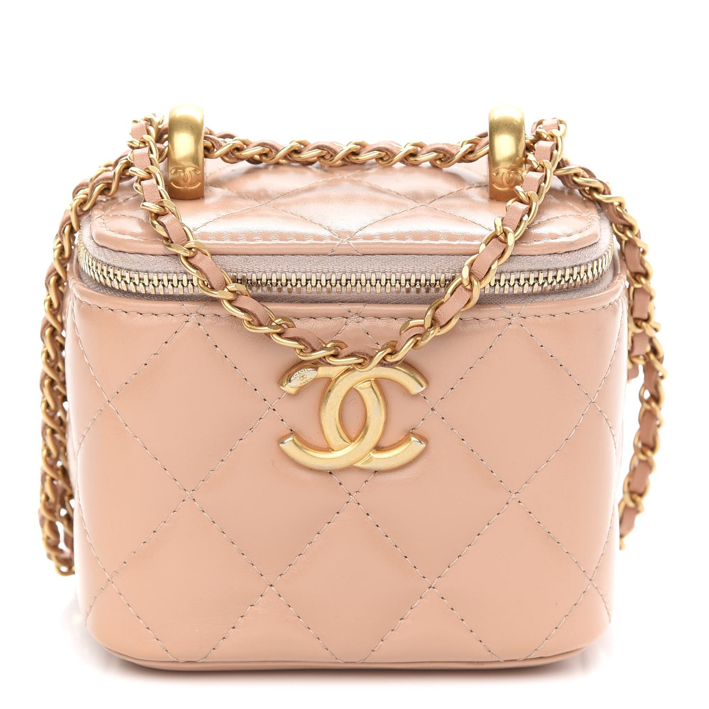 Calfskin Quilted Mini Perfect Fit Vanity Case With Chain Beige