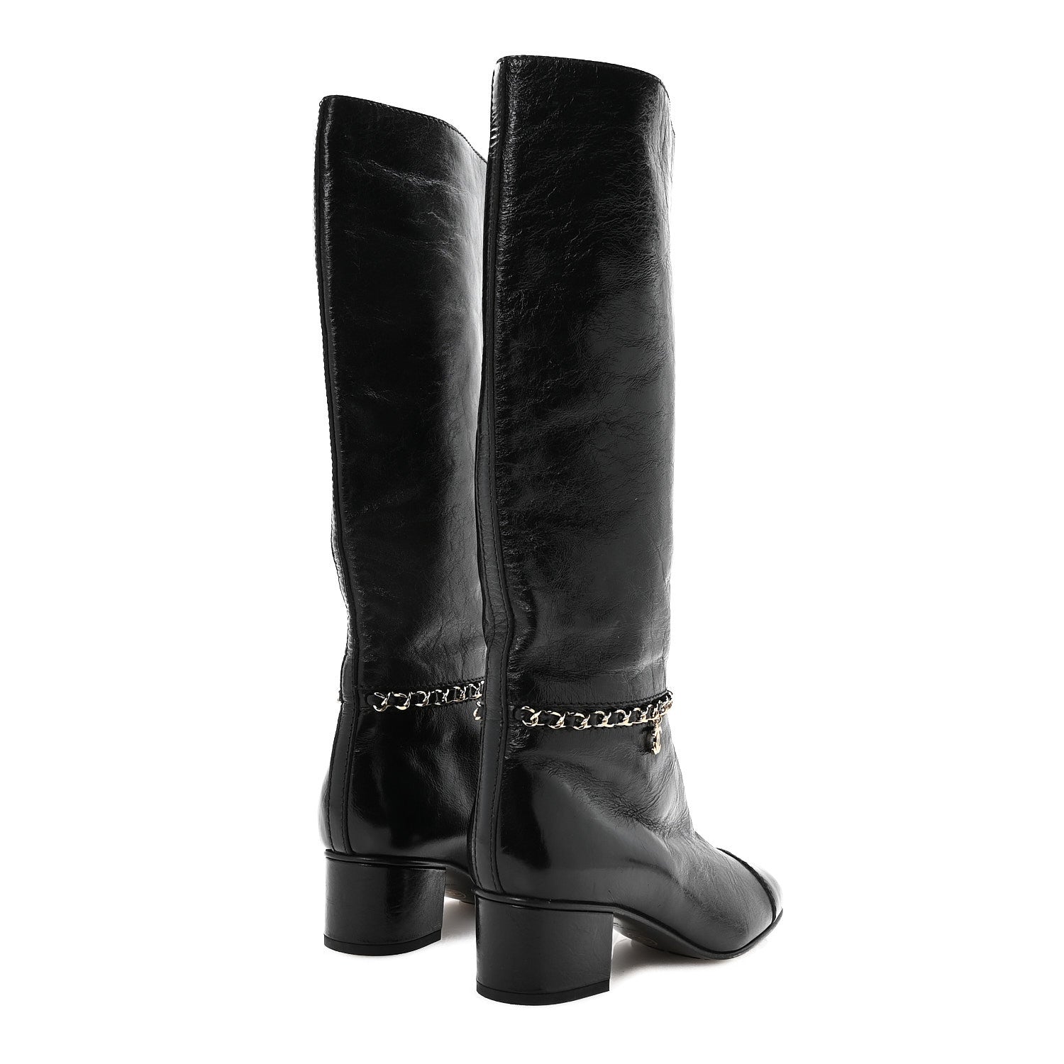 Chanel Crumpled Calfskin Cap Toe Chain Boots 36 Black 1869563