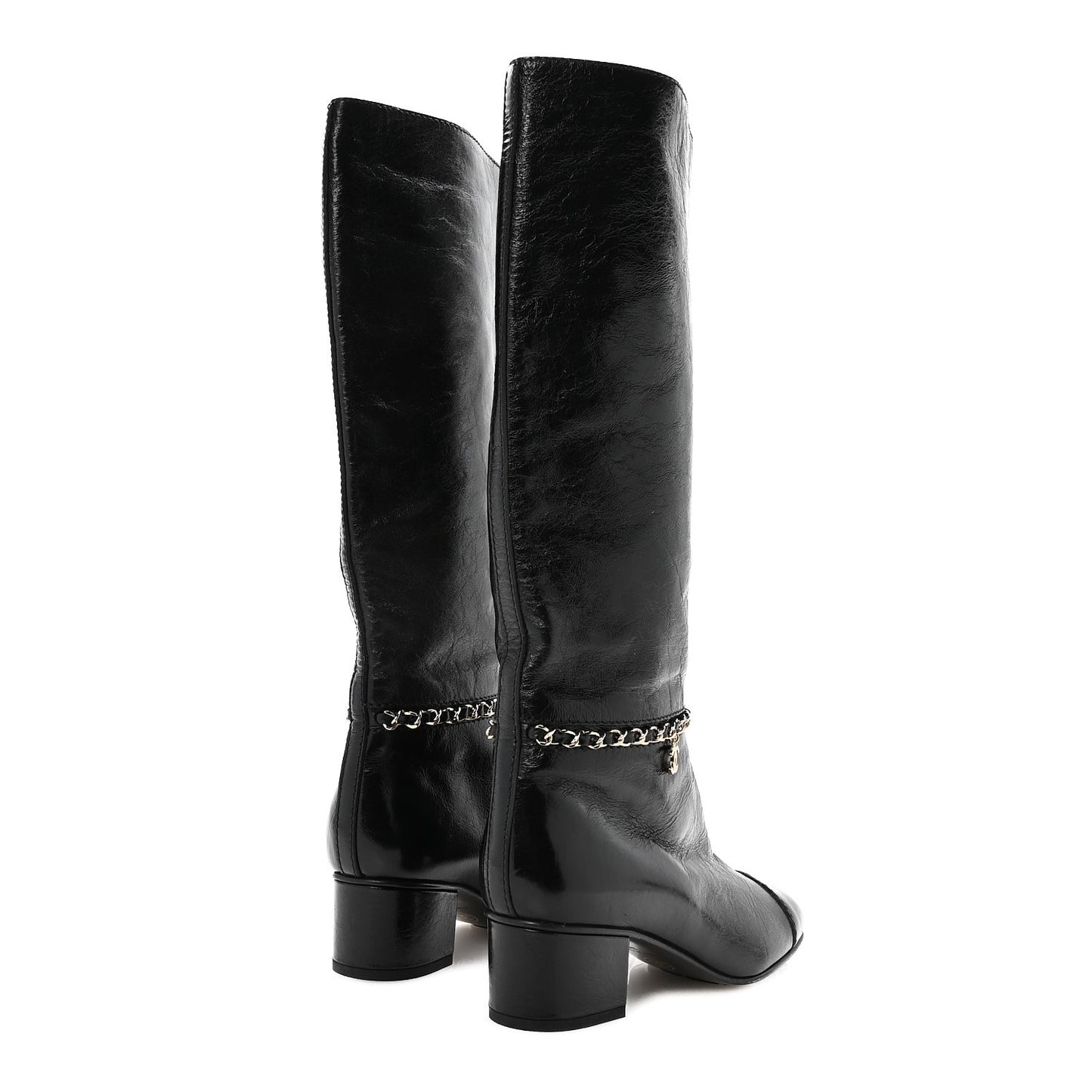 Crumpled Calfskin Cap Toe Chain Boots 36 Black