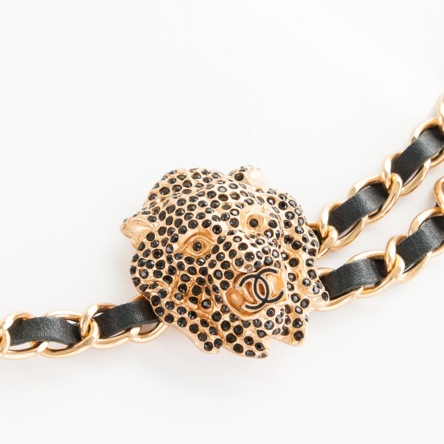 CHANE Lambskin Crystal Lion Chain Belt Gold
