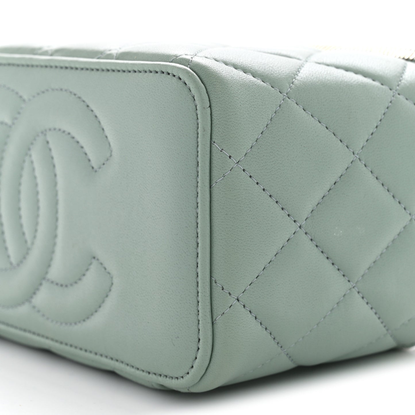 Lambskin Quilted Small Top Handle Vanity Case With Chain Light Green