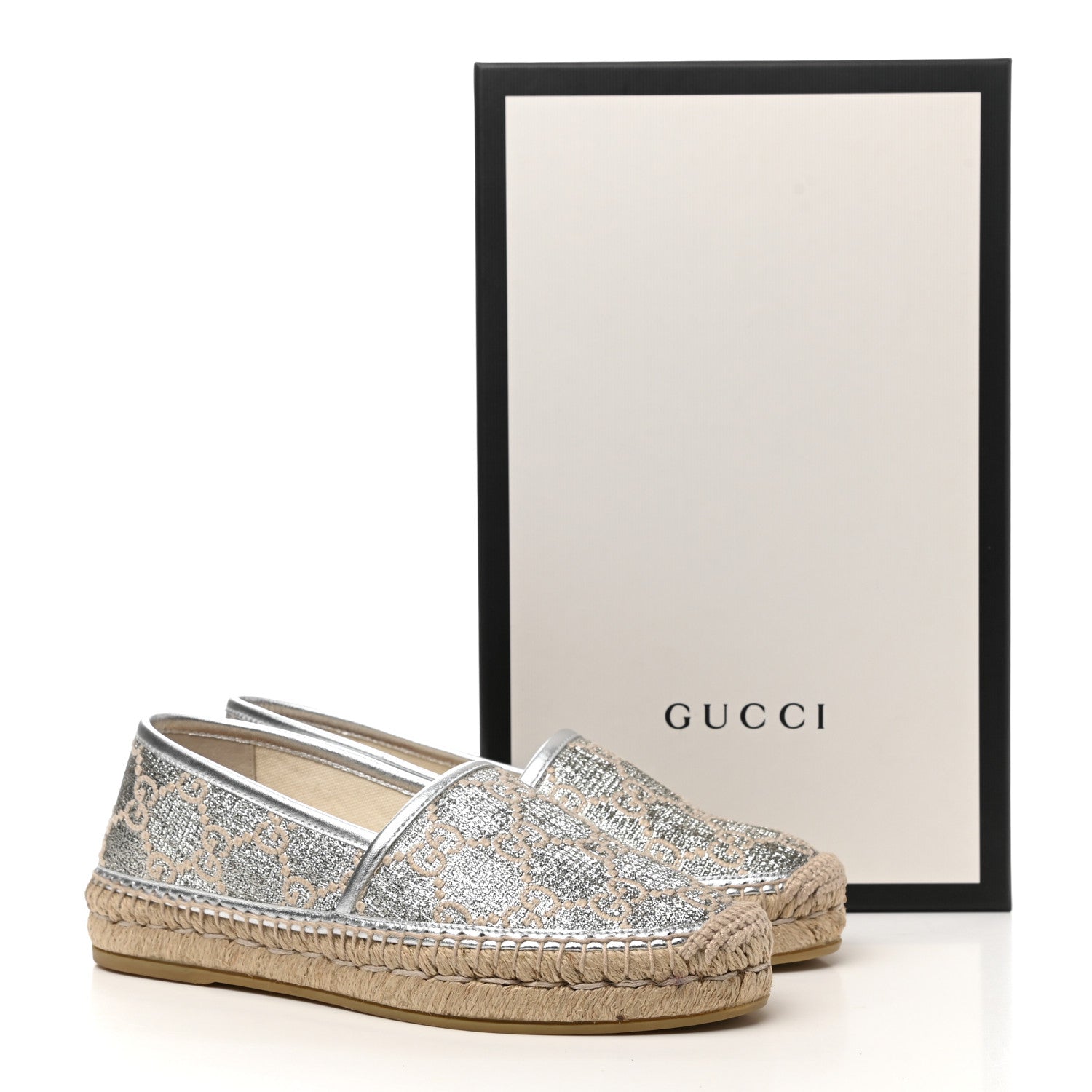 Gucci Lame Nappa GG Monogram Espadrilles 35 Silver Beige 9 of 9