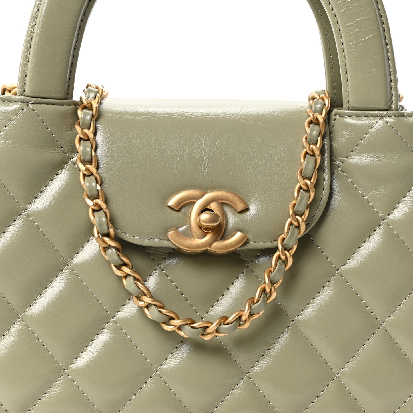 Shiny Aged Calfskin Quilted Nano Kelly Shopper Khaki