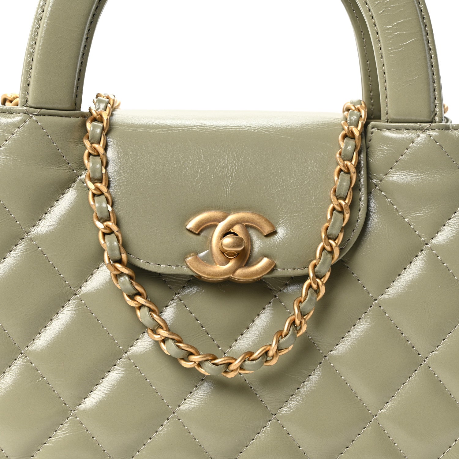 Chanel Shiny Aged Calfskin Quilted Nano Kelly Shopper Khaki 8 of 11