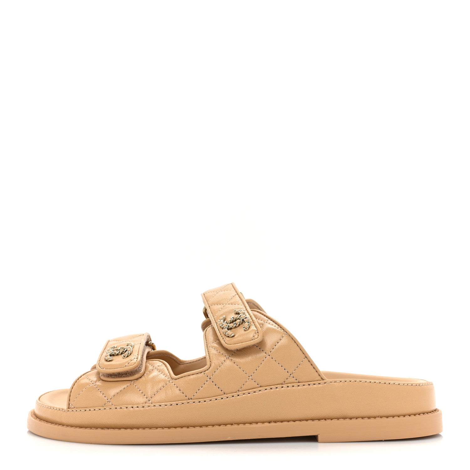 Chanel Lambskin Quilted Velcro Dad Chain CC Slide Sandals 38 Beige 1 of 8