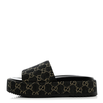 Gucci Jacquard Black Denim GG Monogram Angelina Platform 55mm Slide Sandals 40 Black Ivory 1 of 8