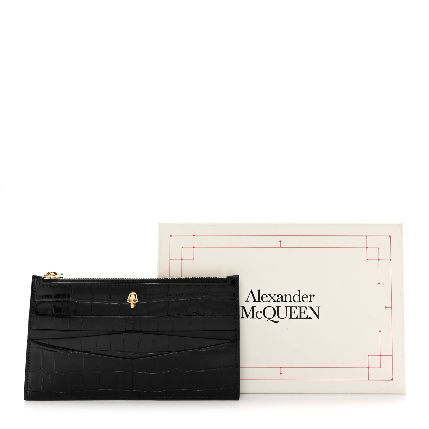 Calfskin Crocodile Embossed Skull Zip Wallet Card Holder Black