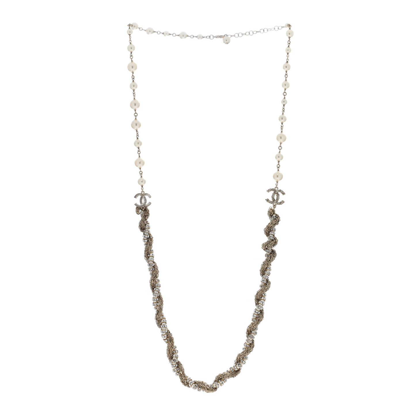 Pearl Crystal CC Braided Chain Long Necklace Light Gold