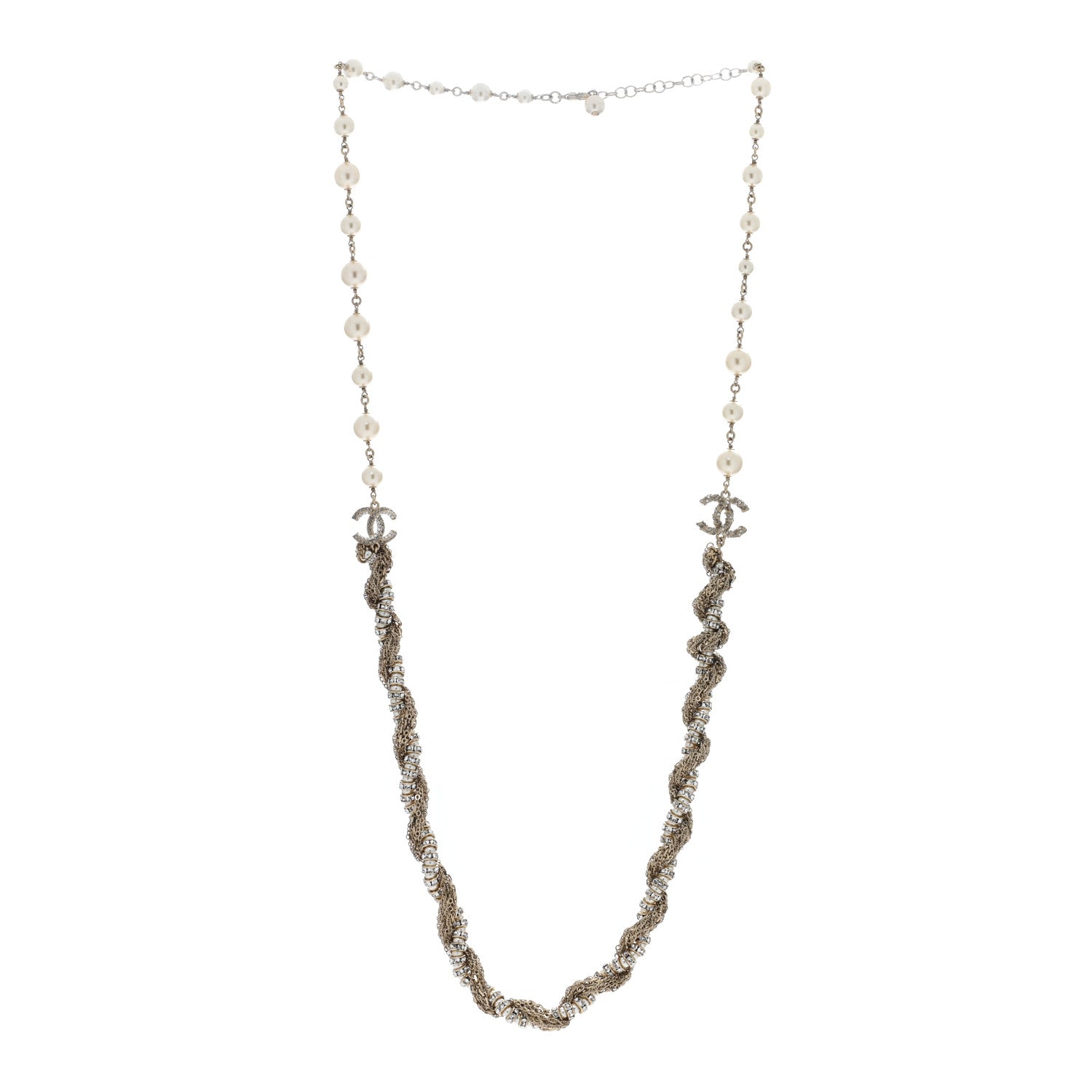 Chanel Pearl Crystal CC Braided Chain Long Necklace Light Gold 3 of 4