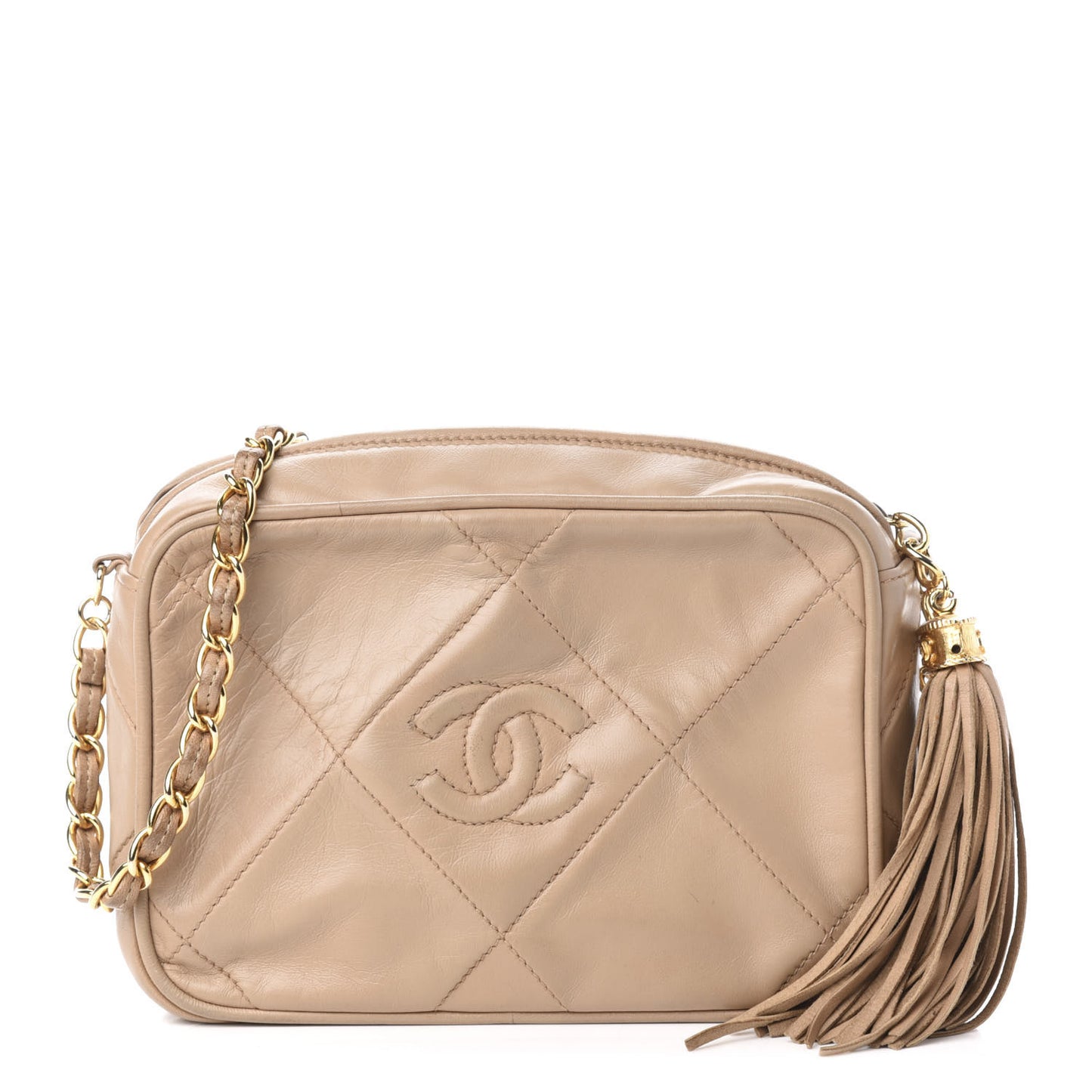 Lambskin Quilted Tassel Camera Case Beige