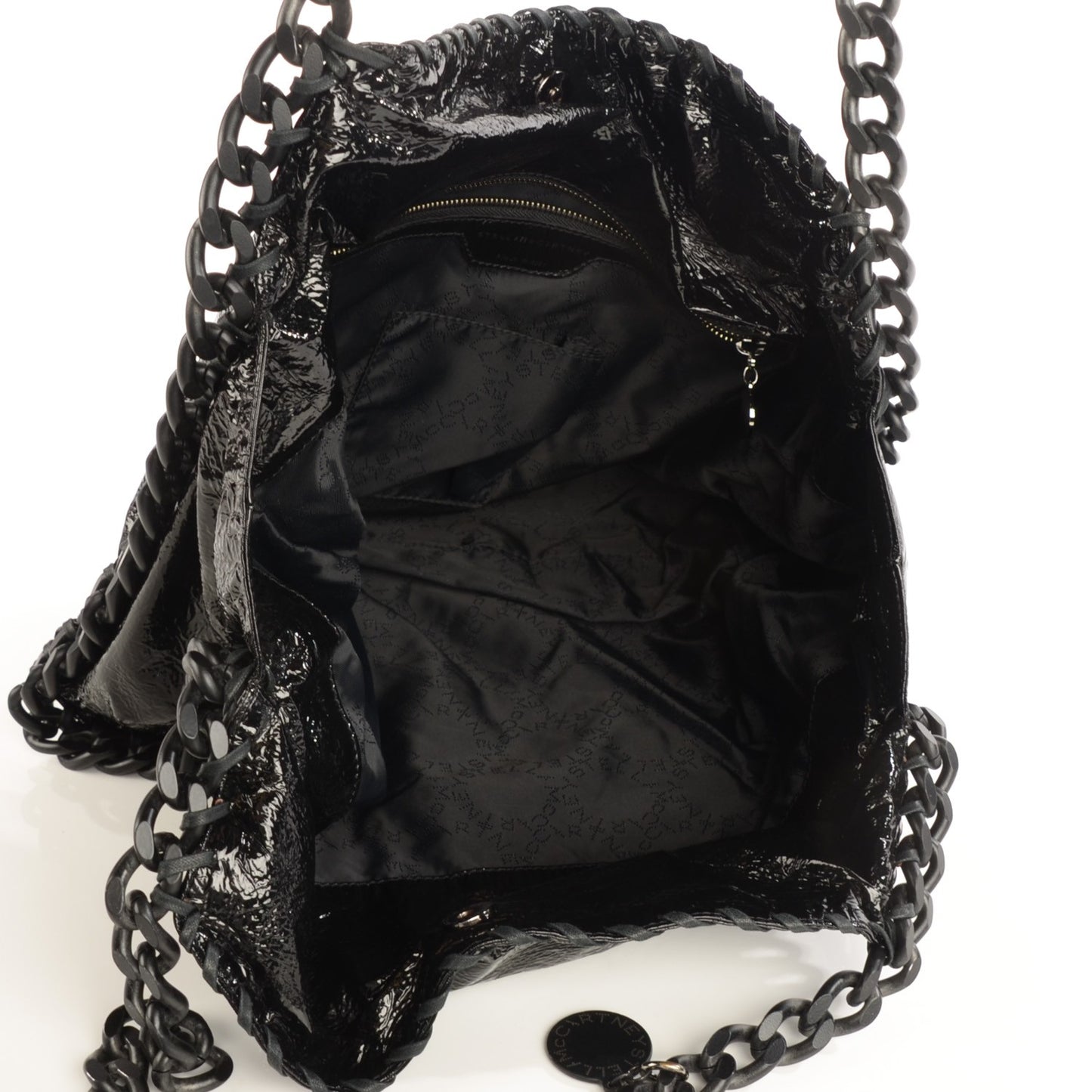 Crinkled Patent East West Falabella Tote Black