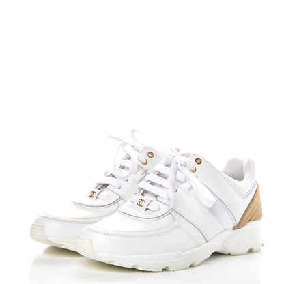 Chanel Calfskin Laminated Womens CC Sneakers 37 White Gold 3 of 9