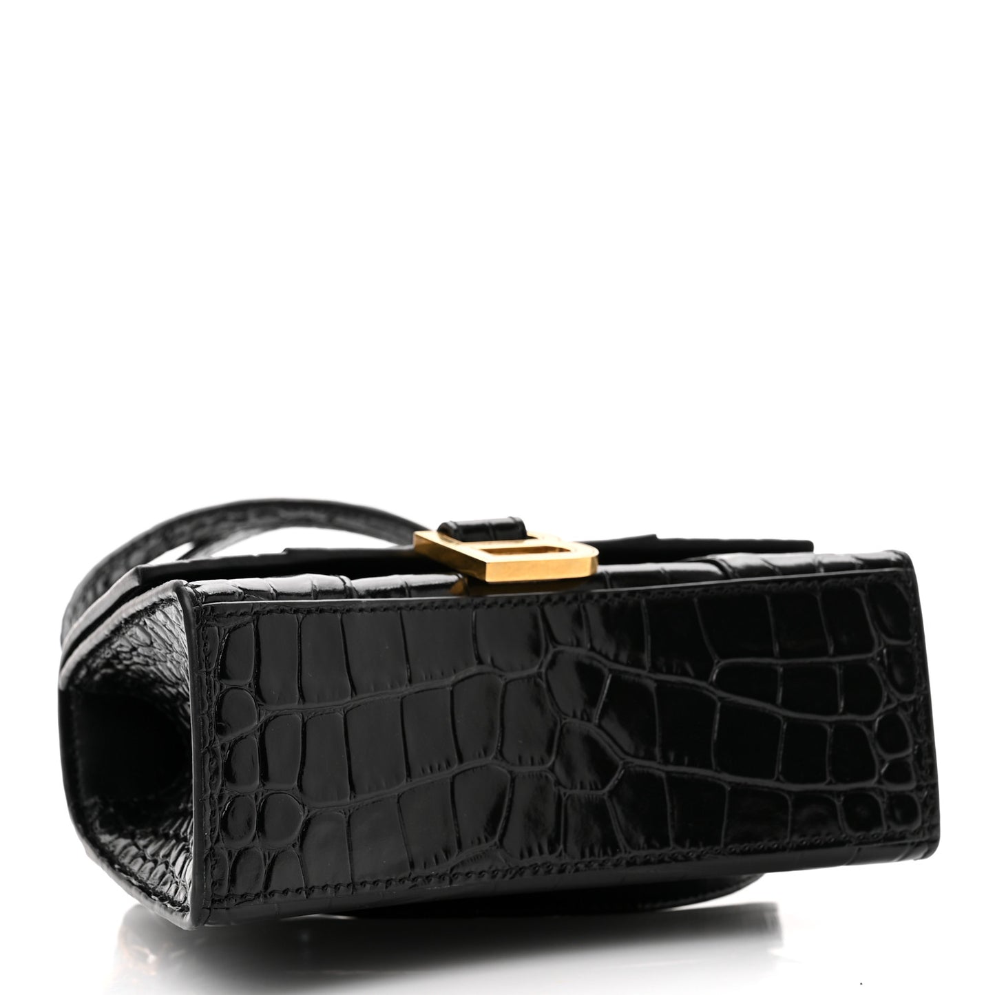 Shiny Calfskin Crocodile Embossed Hourglass Top Handle Bag XS Black