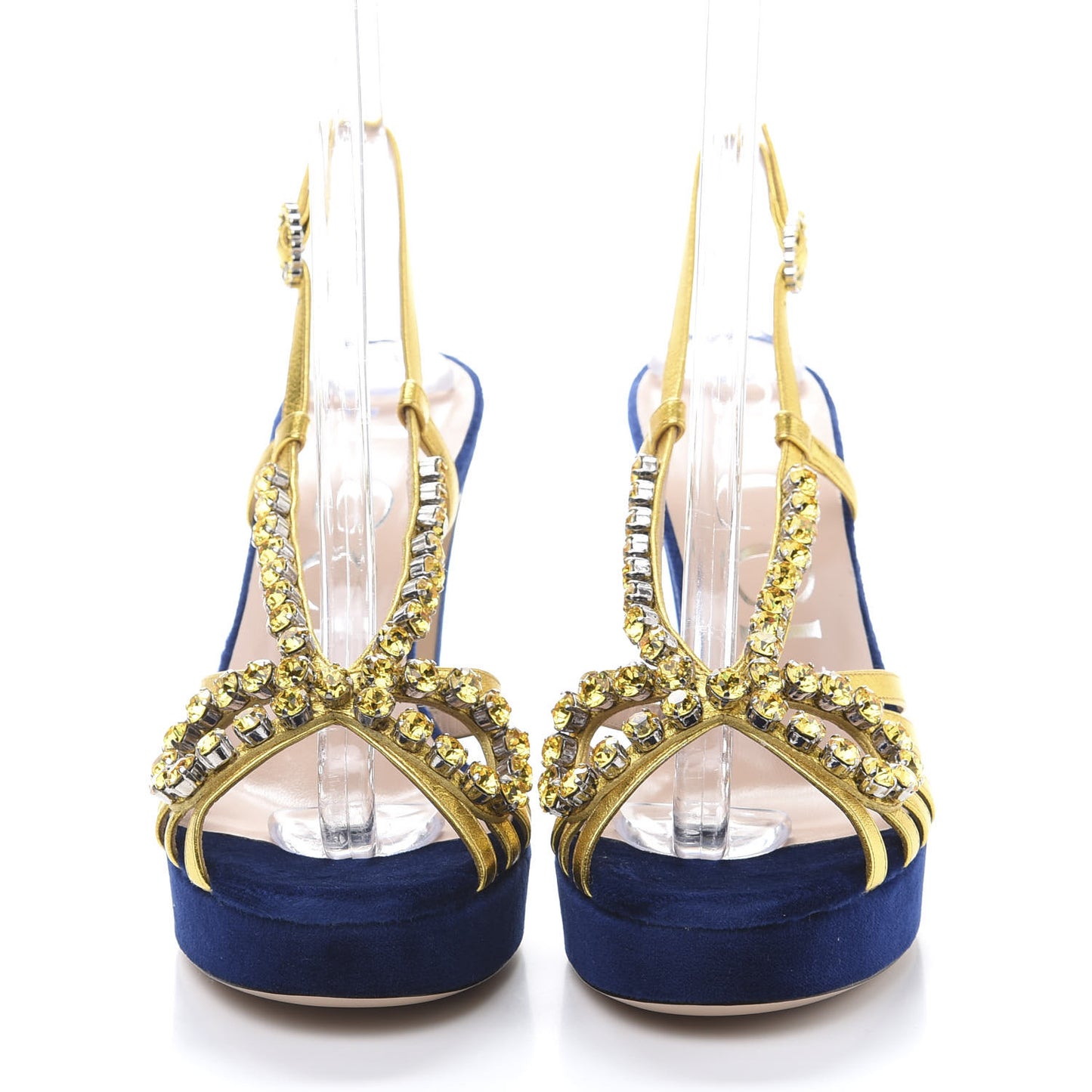 Velvet Nappa Crystal Zephyra Slingback Platform High Heel Sandals 37 Blue Gold