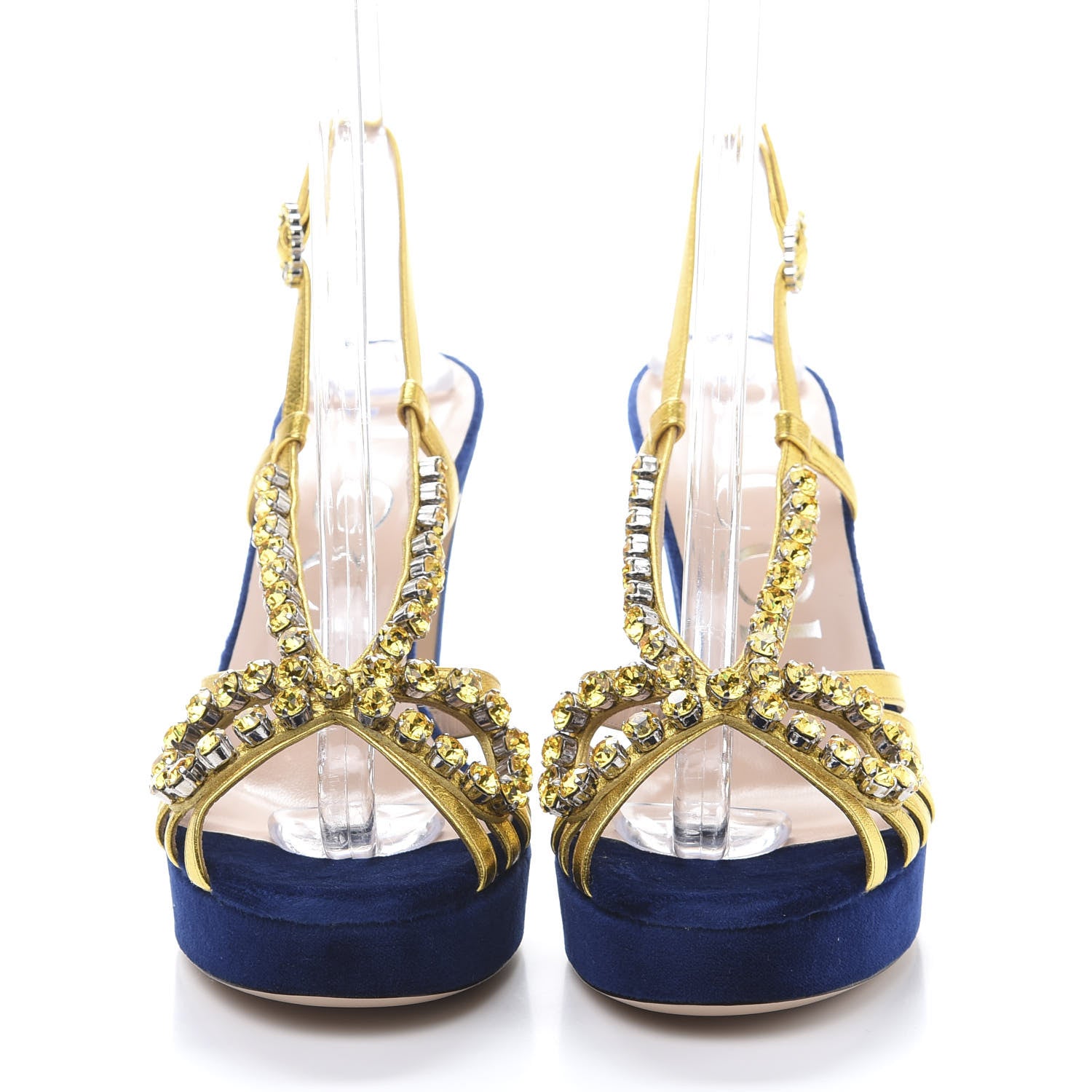 Gucci Velvet Nappa Crystal Zephyra Slingback Platform High Heel Sandals 37 Blue Gold 2 of 8