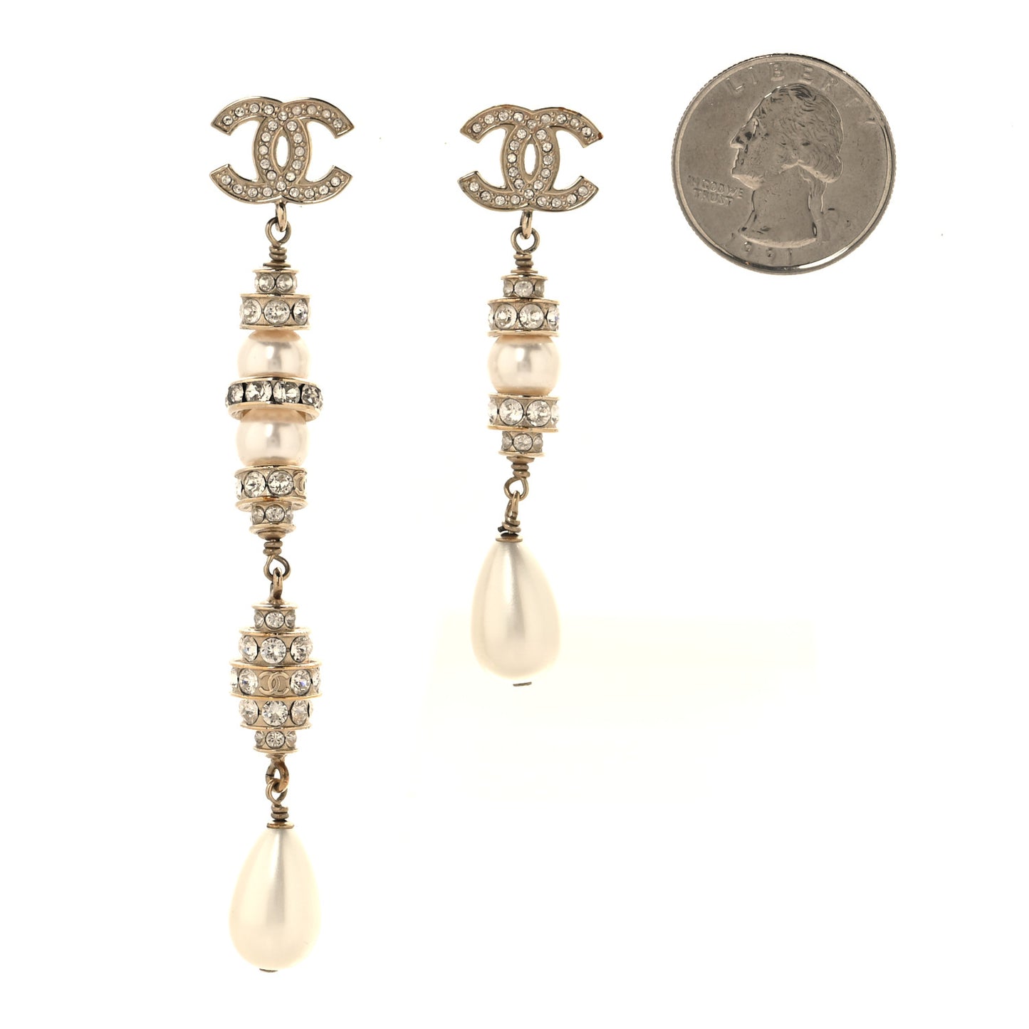 Crystal Pearl CC Uneven Drop Earrings Gold