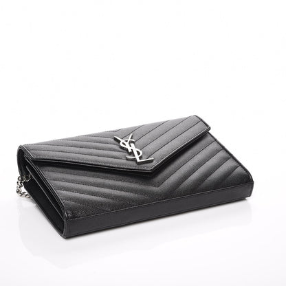 Saint Laurent Grain De Poudre Matelasse Chevron Medium Monogram Chain Wallet Black 4 of 6
