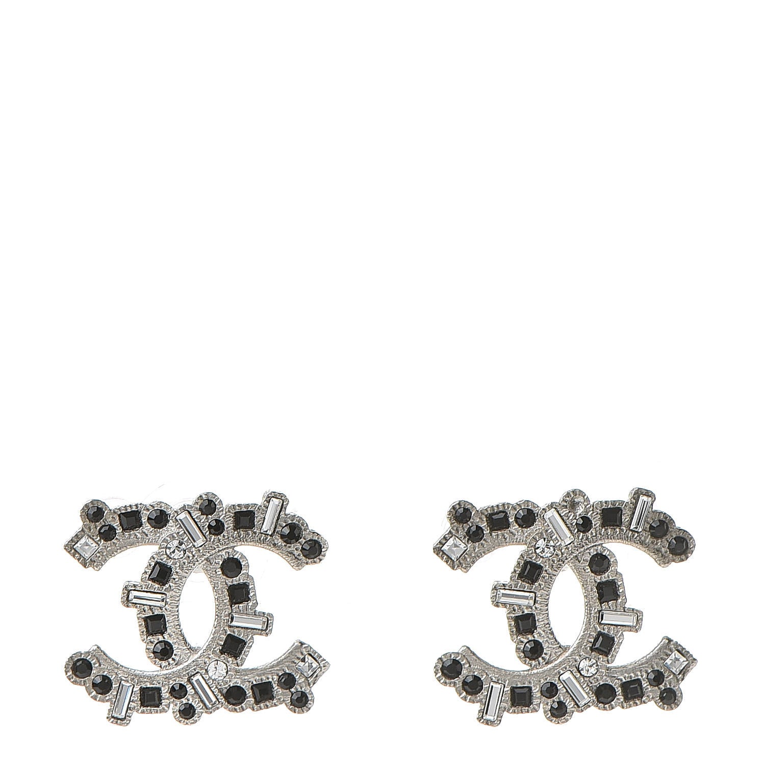 Chanel Baguette Crystal CC Earrings Silver Black 1 of 6