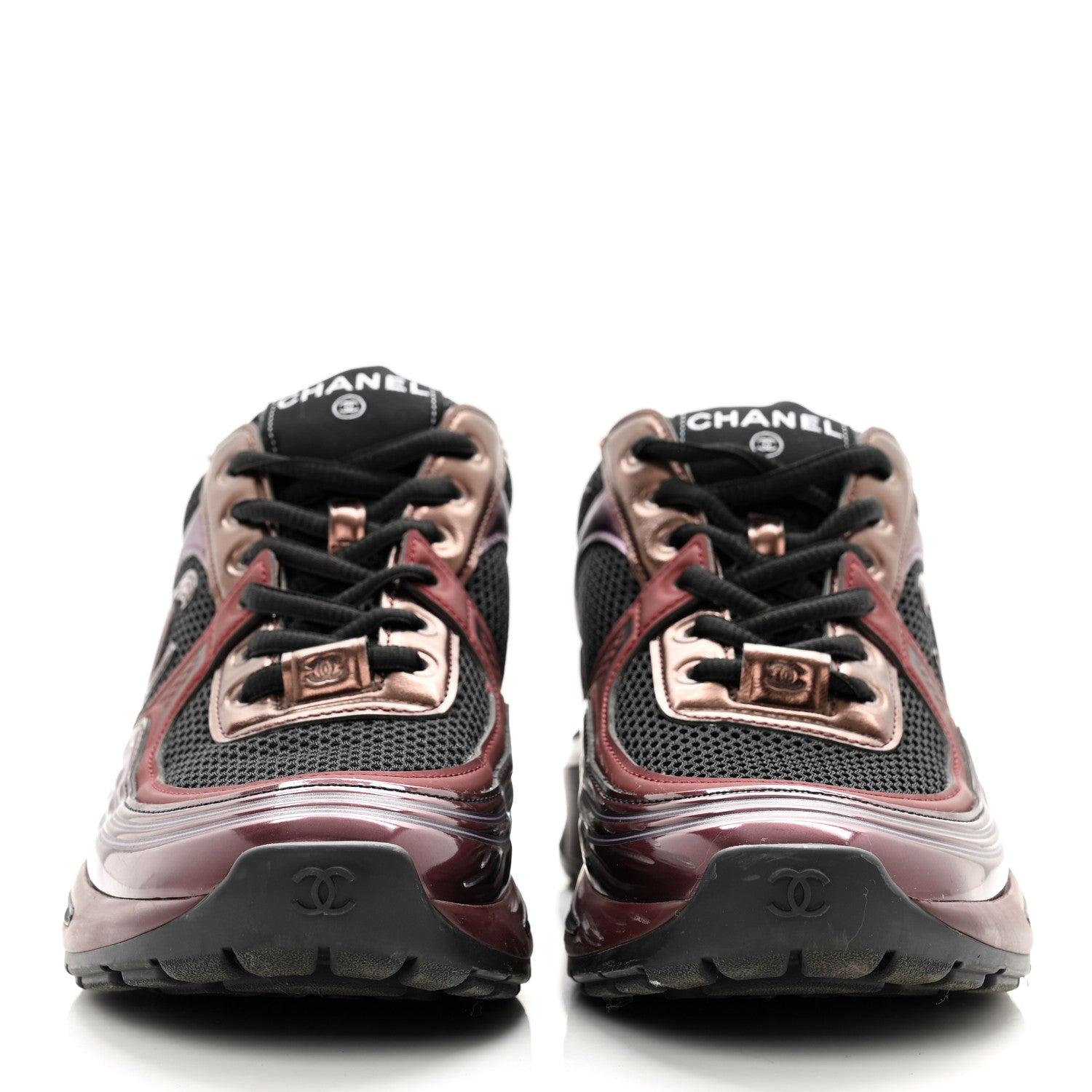 Chanel Fabric Laminated Calfskin Stretch CC Womens Sneakers 37 Black Dark Purple Burgundy 2 of 8