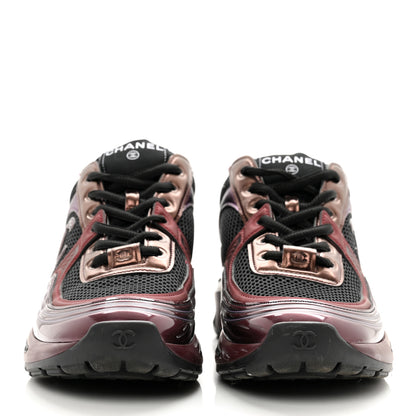Chanel Fabric Laminated Calfskin Stretch CC Womens Sneakers 37 Black Dark Purple Burgundy 2 of 8