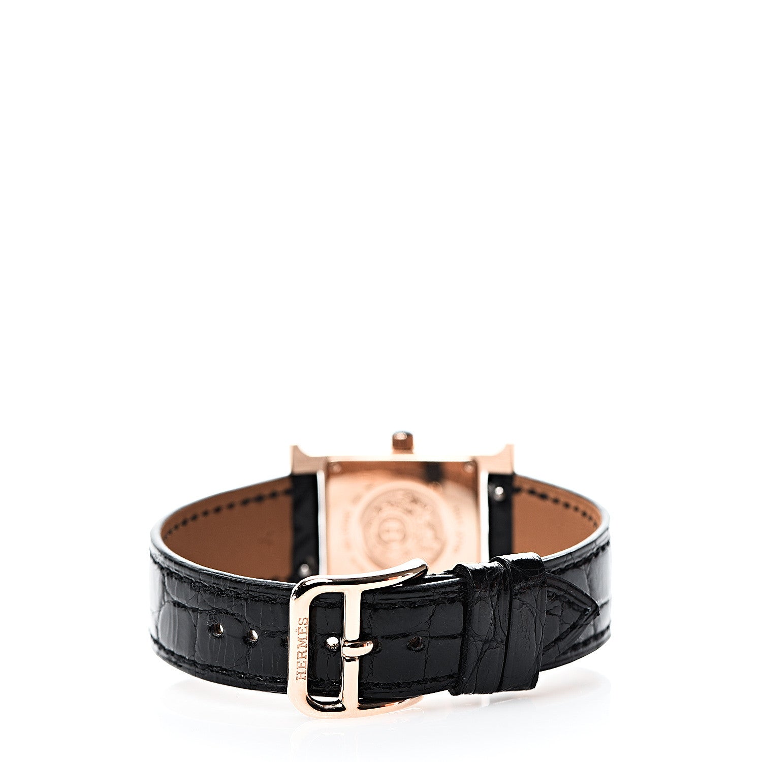 Hermes 18K Rose Gold Alligator Lacquer 21mm Heure H Hour Quartz Watch Noir 3 of 7