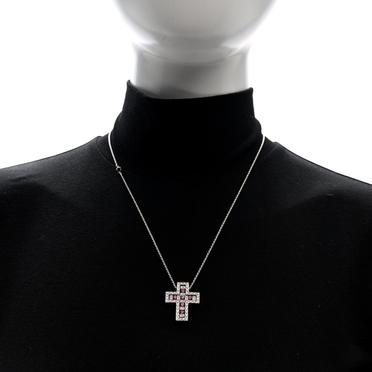 18K White Gold Diamond Ruby Belle Epoque Cross Pendant Necklace