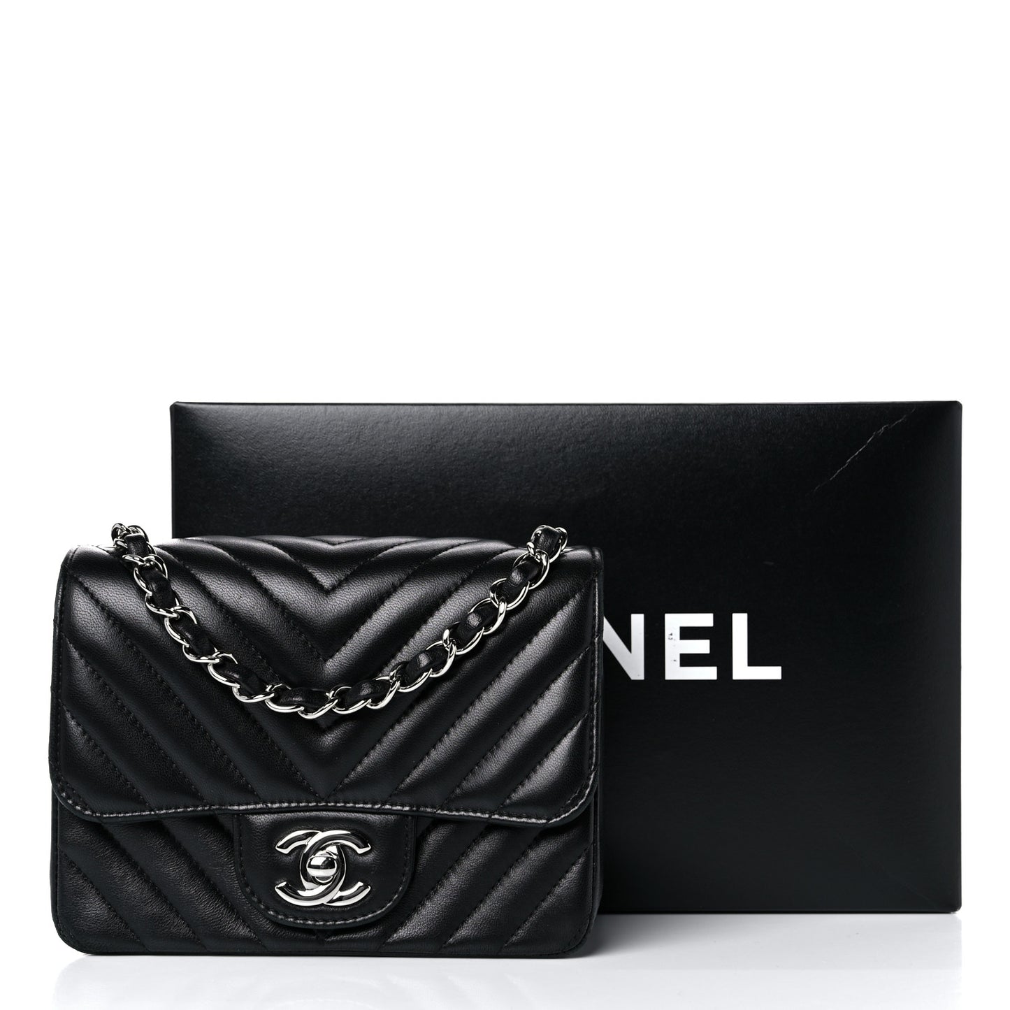 Lambskin Chevron Quilted Mini Square Flap Black