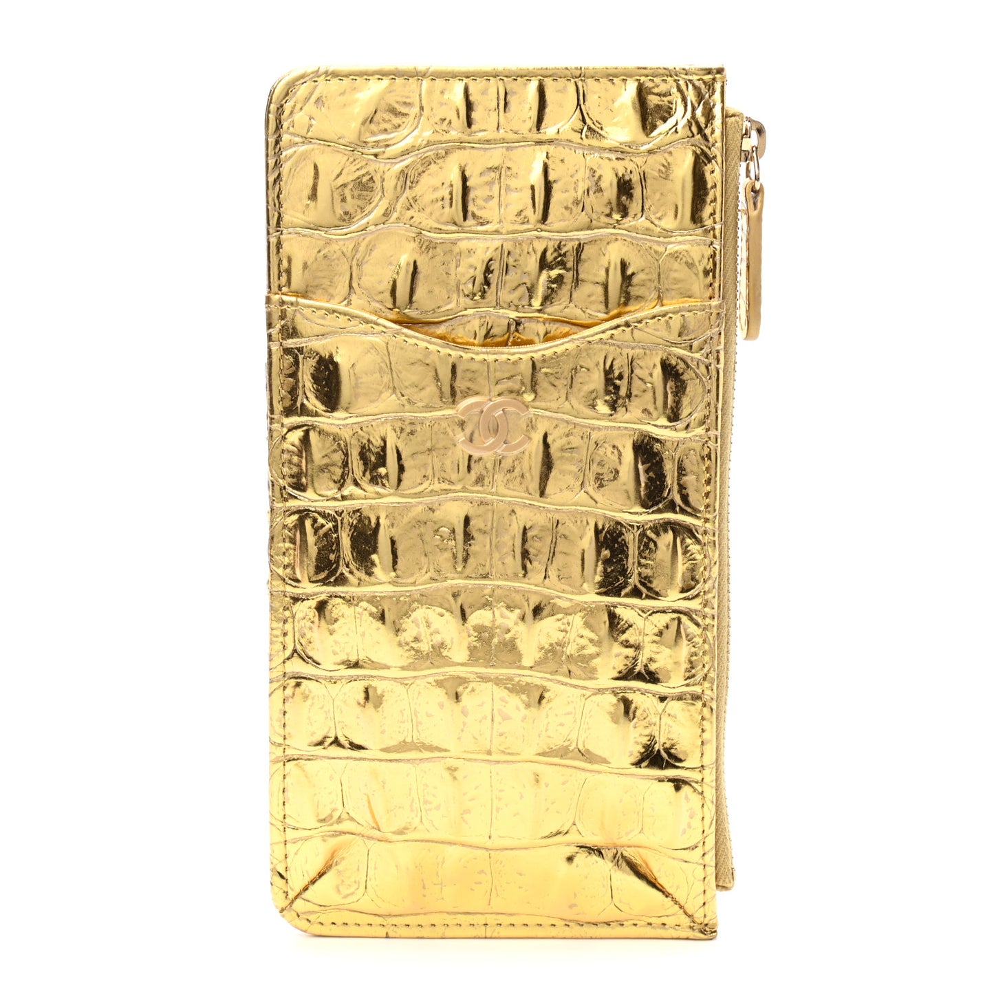 Metallic Calfskin Crocodile Embossed Cocodile Classic Flat Wallet Pouch Gold