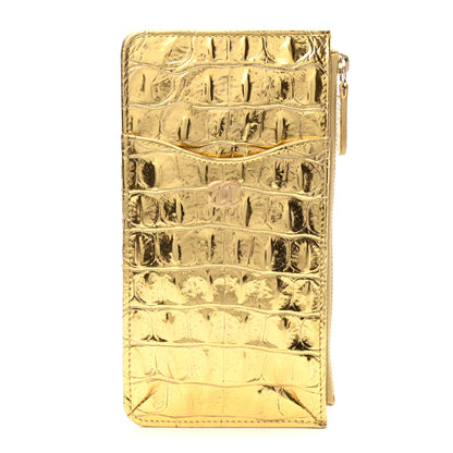 Chanel Metallic Calfskin Crocodile Embossed Cocodile Classic Flat Wallet Pouch Gold 1 of 7