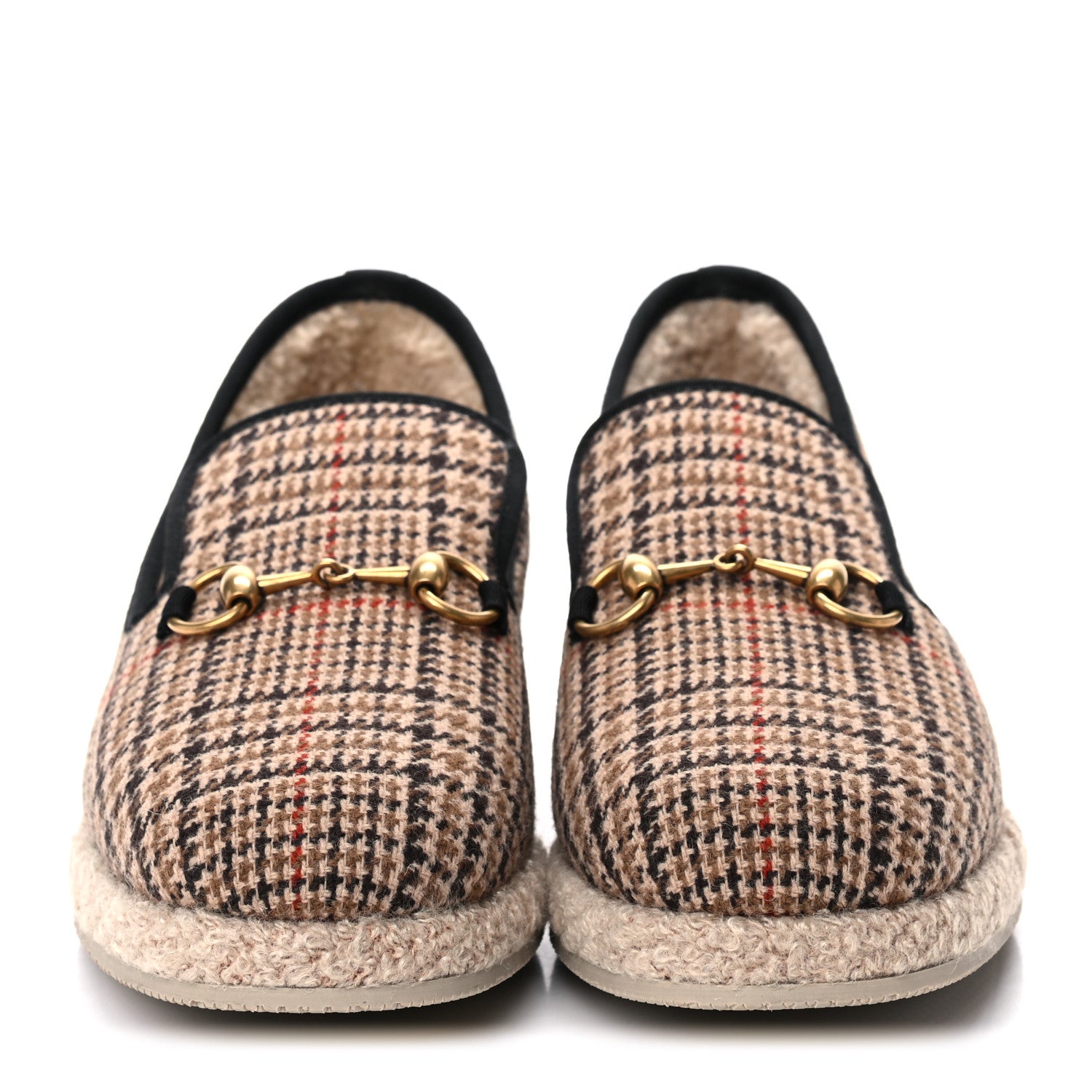 Gucci Wool Tweed Plaid Houndstooth Mens Fria Horsebit Loafers 7 Mahogany Black 2 of 8