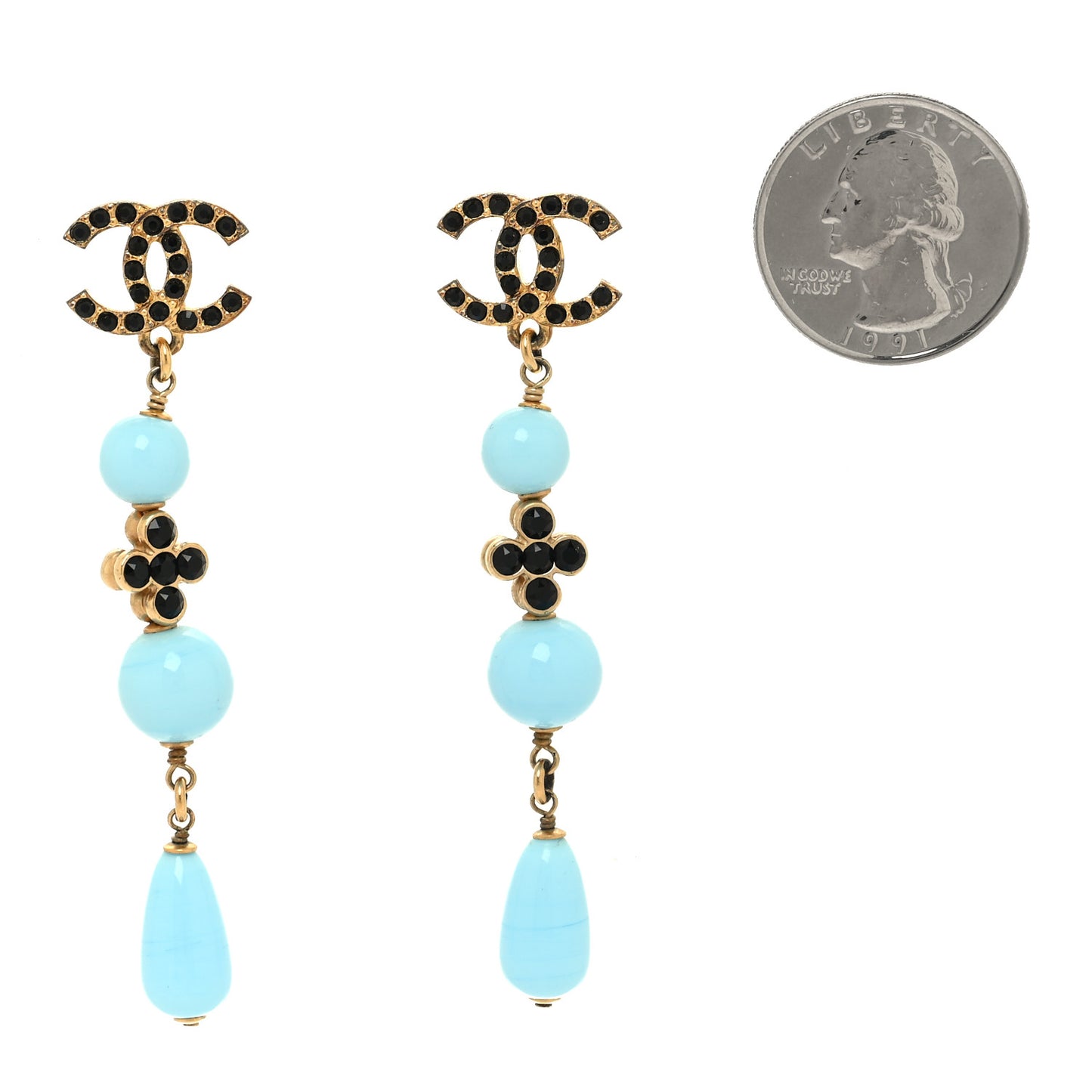 Crystal Bead CC Dangle Earrings Gold Blue Black