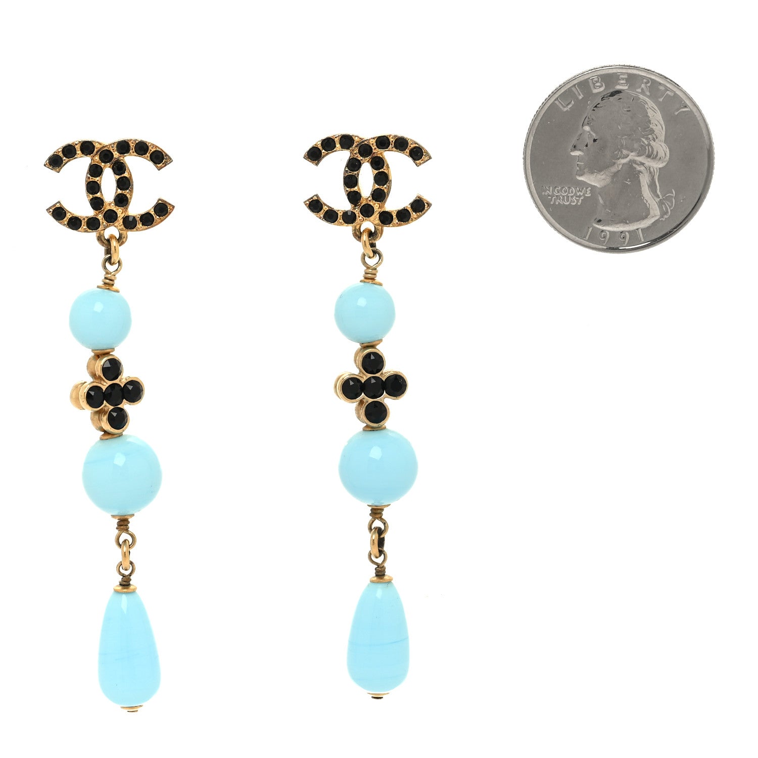 Chanel Crystal Bead CC Dangle Earrings Gold Blue Black 2 of 5