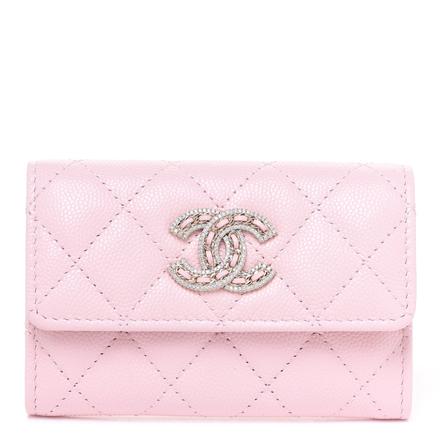 Caviar Quilted Crystal CC Flap Card Holder Pink