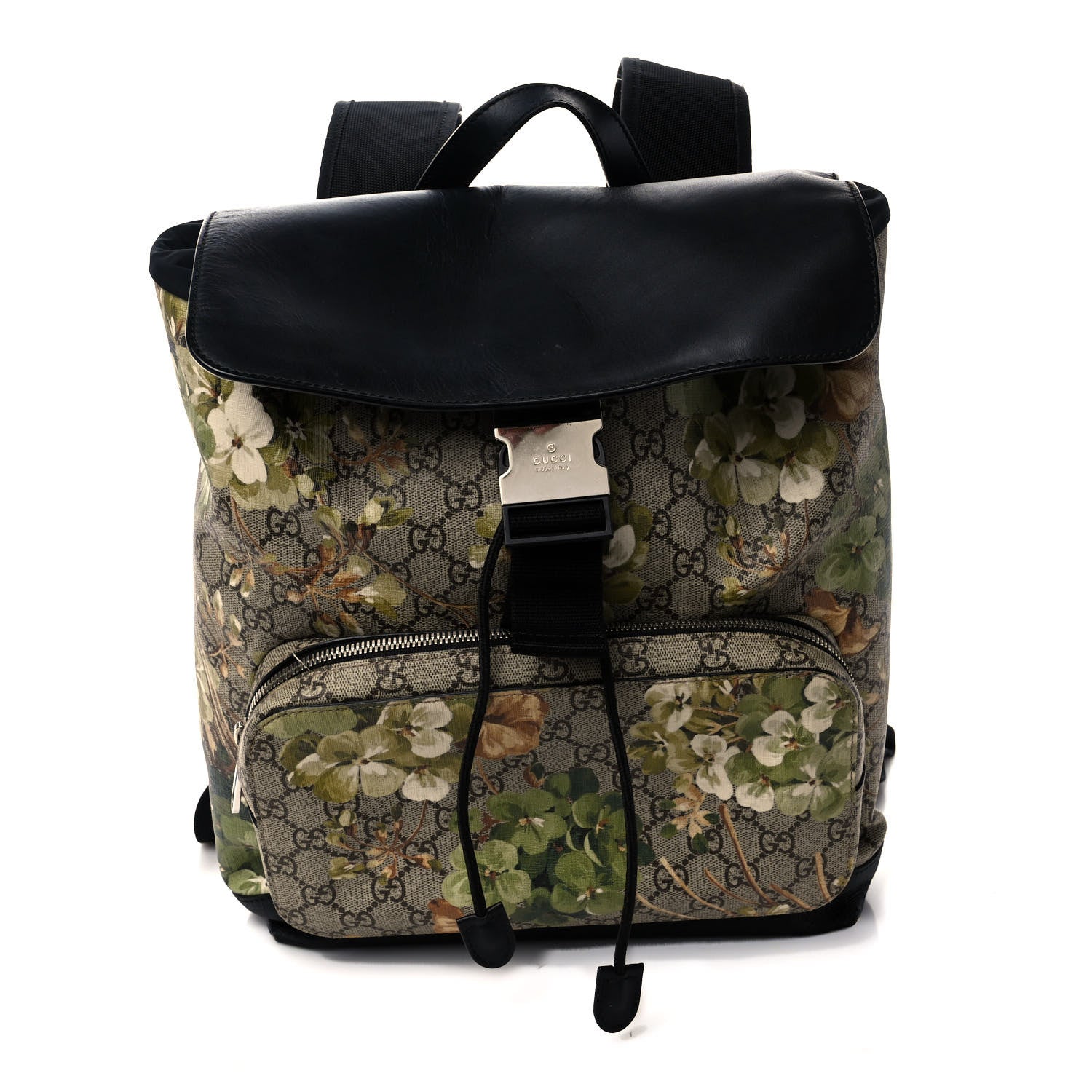 Gucci GG Supreme Monogram Blooms Medium Single Buckle Backpack Beige New Military Black 1 of 12