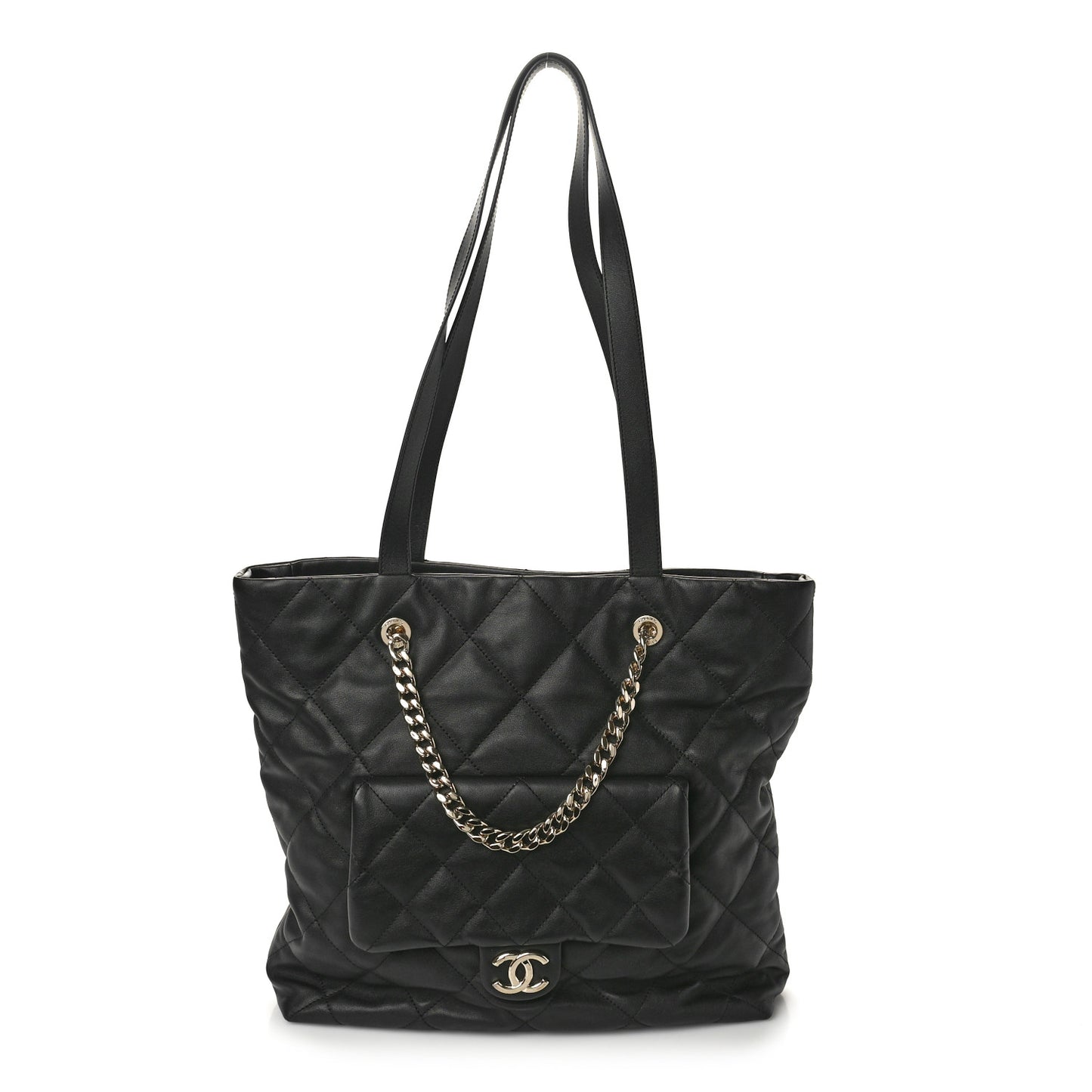 Calfskin Quilted Pocket Shopping Tote Black