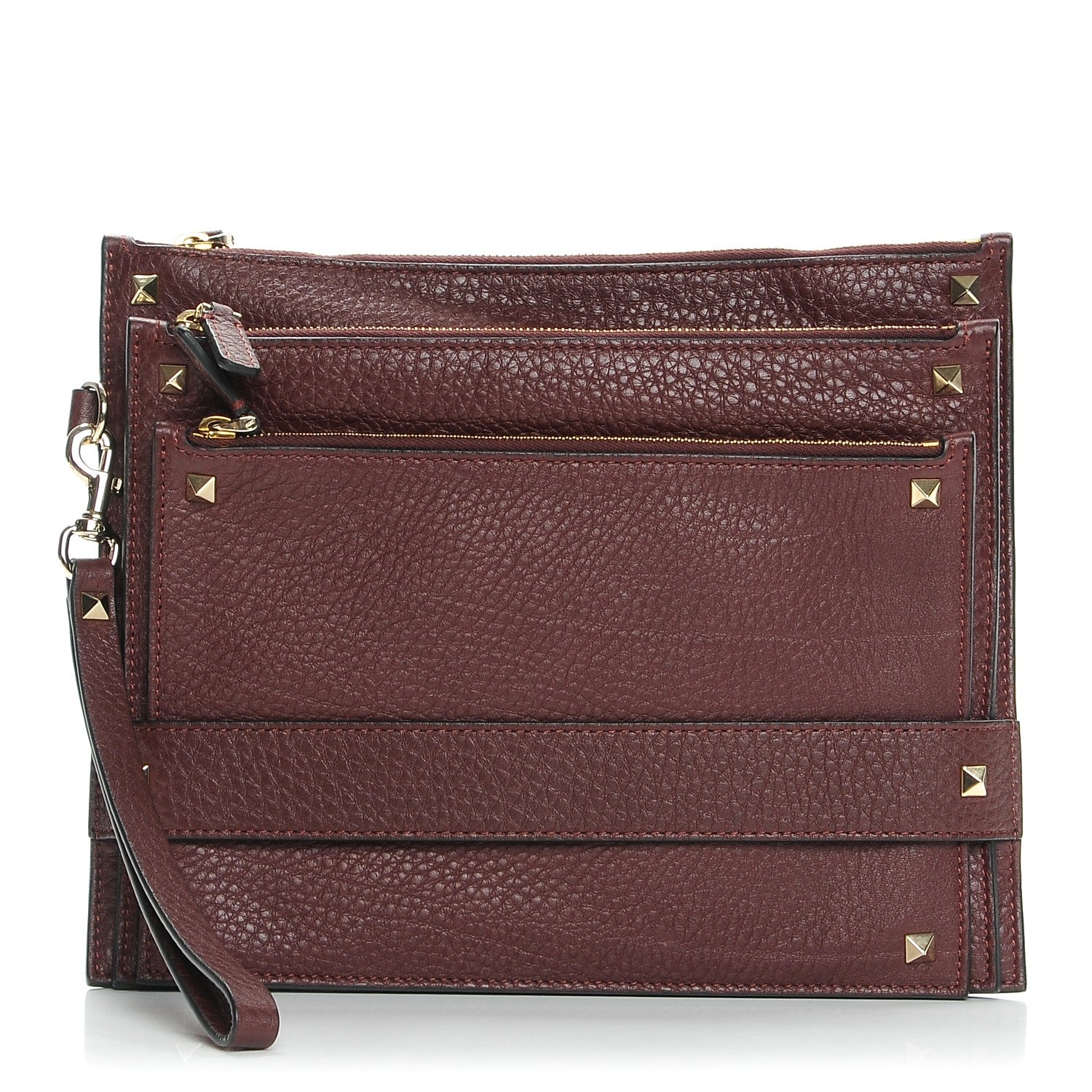 Valentino Garavani Pebbled Calfskin Rockstud Triple Zip Wristlet Pouch Burgundy 1 of 8