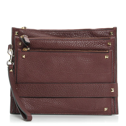 Valentino Garavani Pebbled Calfskin Rockstud Triple Zip Wristlet Pouch Burgundy 1 of 8