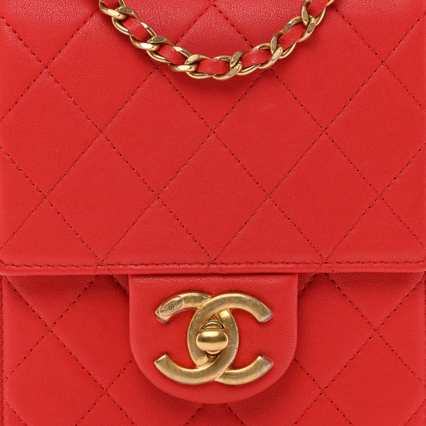 Lambskin Quilted Pearl Chain Flap Bag Red