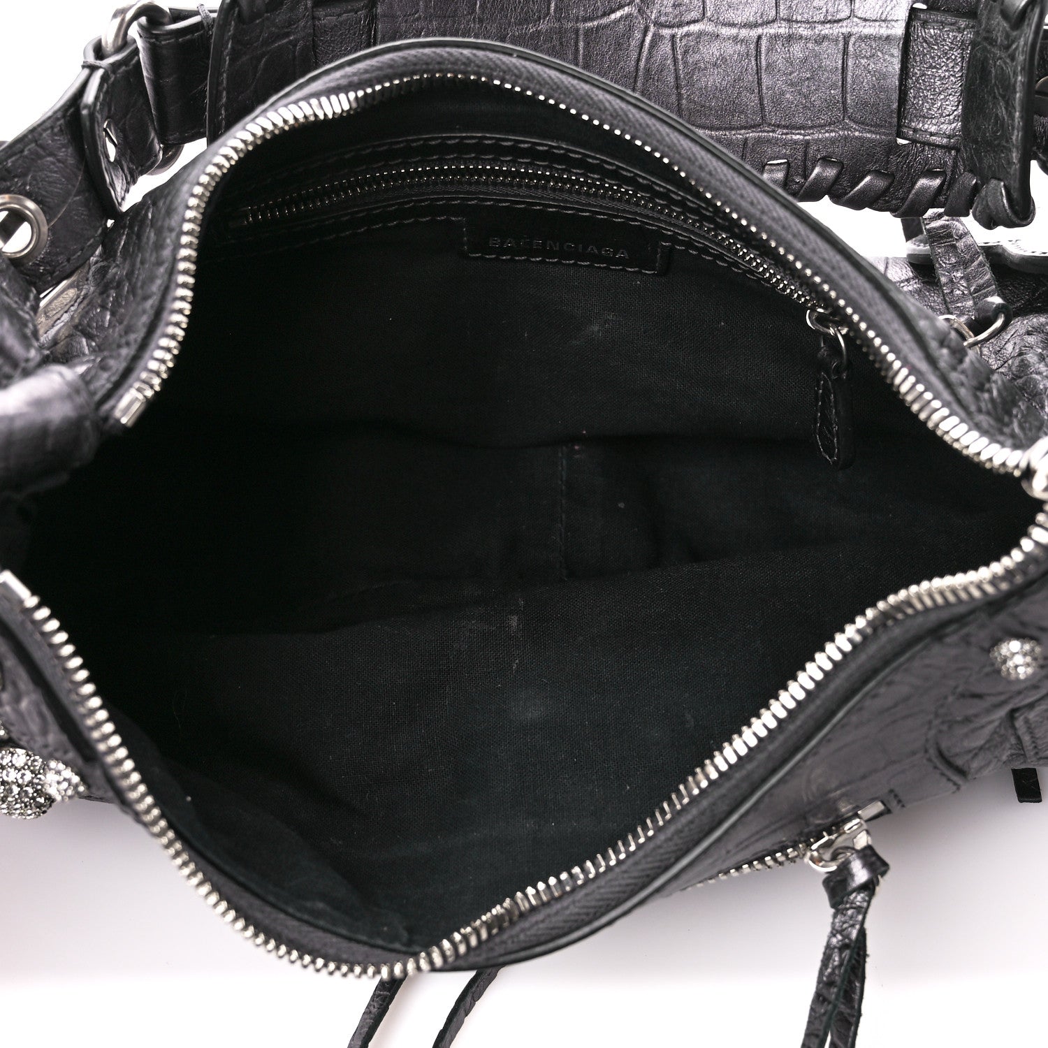 Balenciaga Metallic Calfskin Crocodile Embossed Crystal Small Le Cagole Shoulder Bag Gunmetal 5 of 14