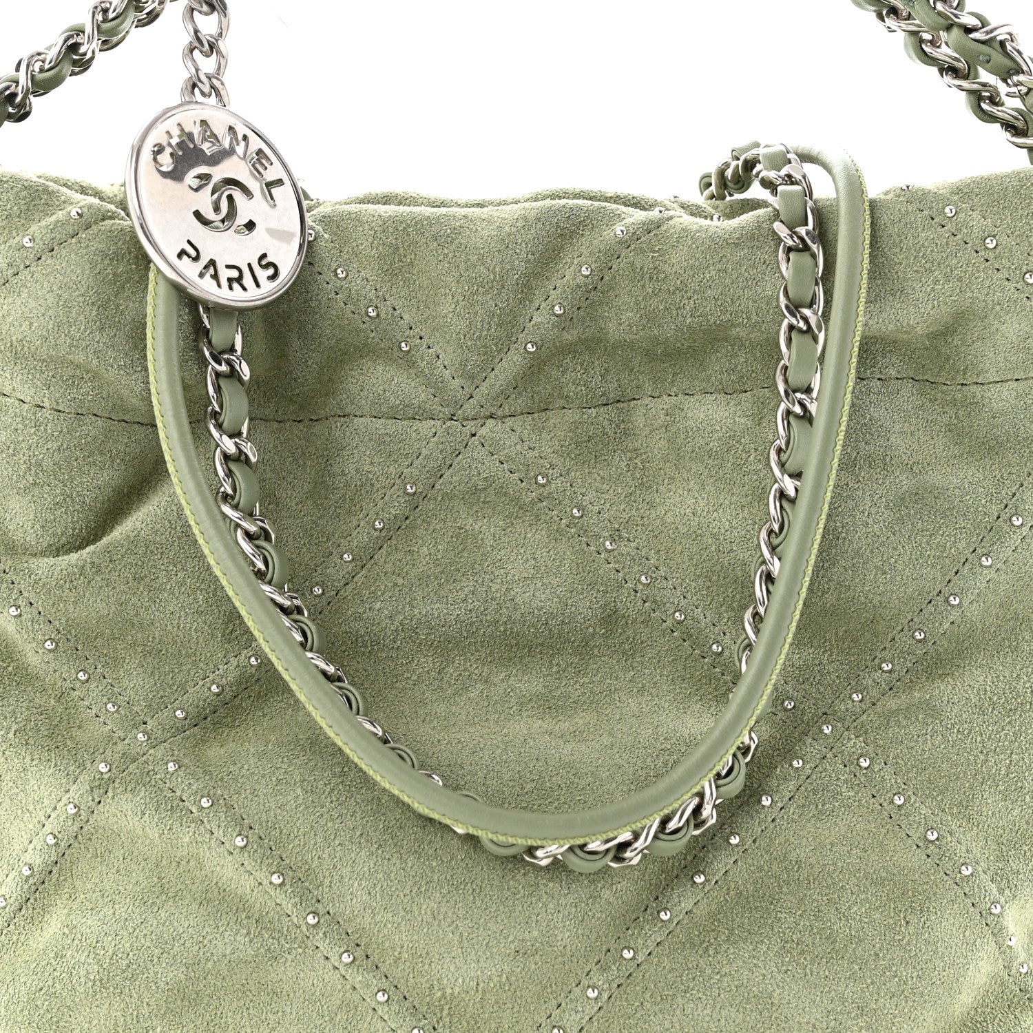 Chanel Suede Stitched Quilted Studded Mini Chanel 22 Light Green 8 of 10
